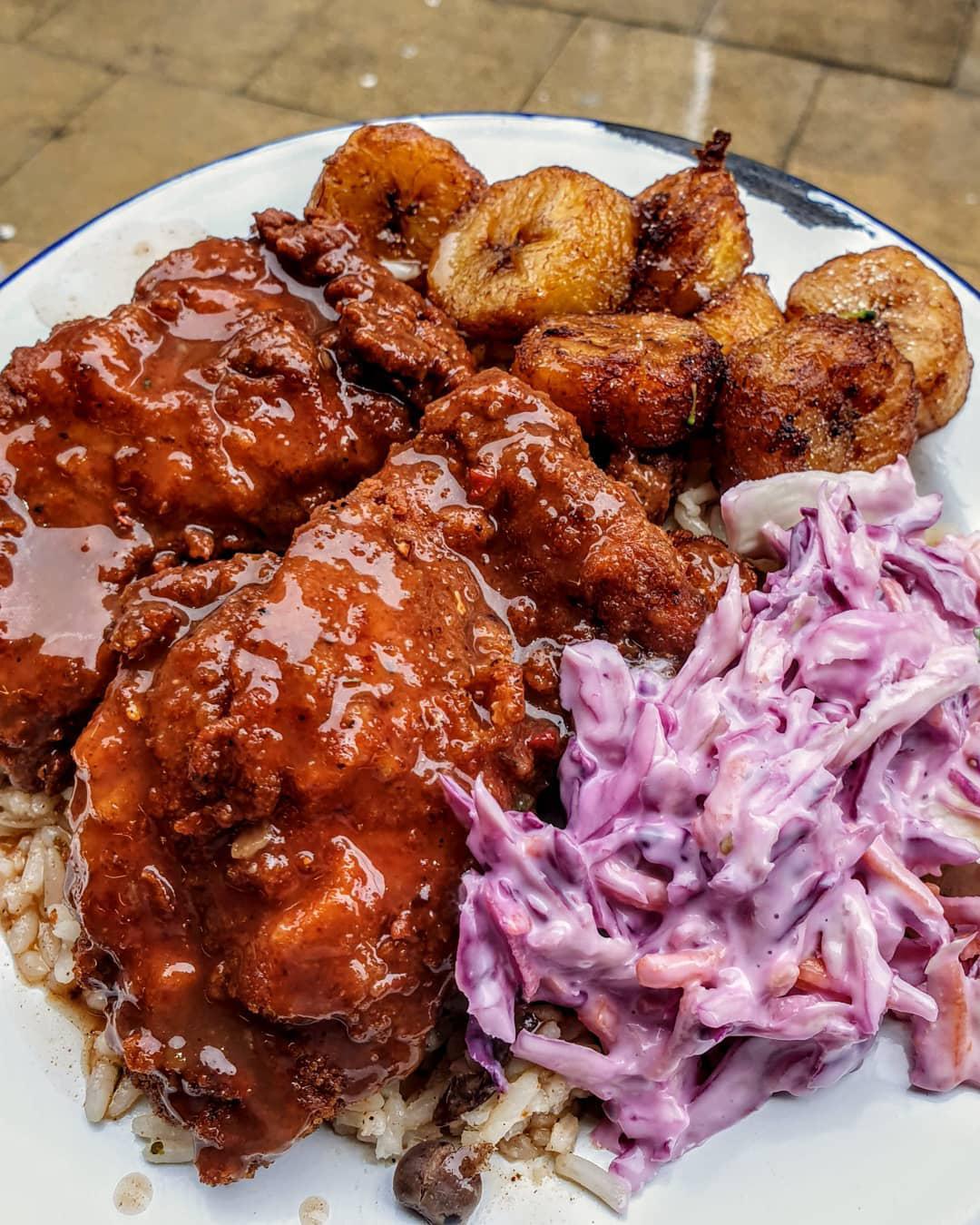 Jerk fried chicken with fried plantain, jerk slaw, and rice r/FoodPorn