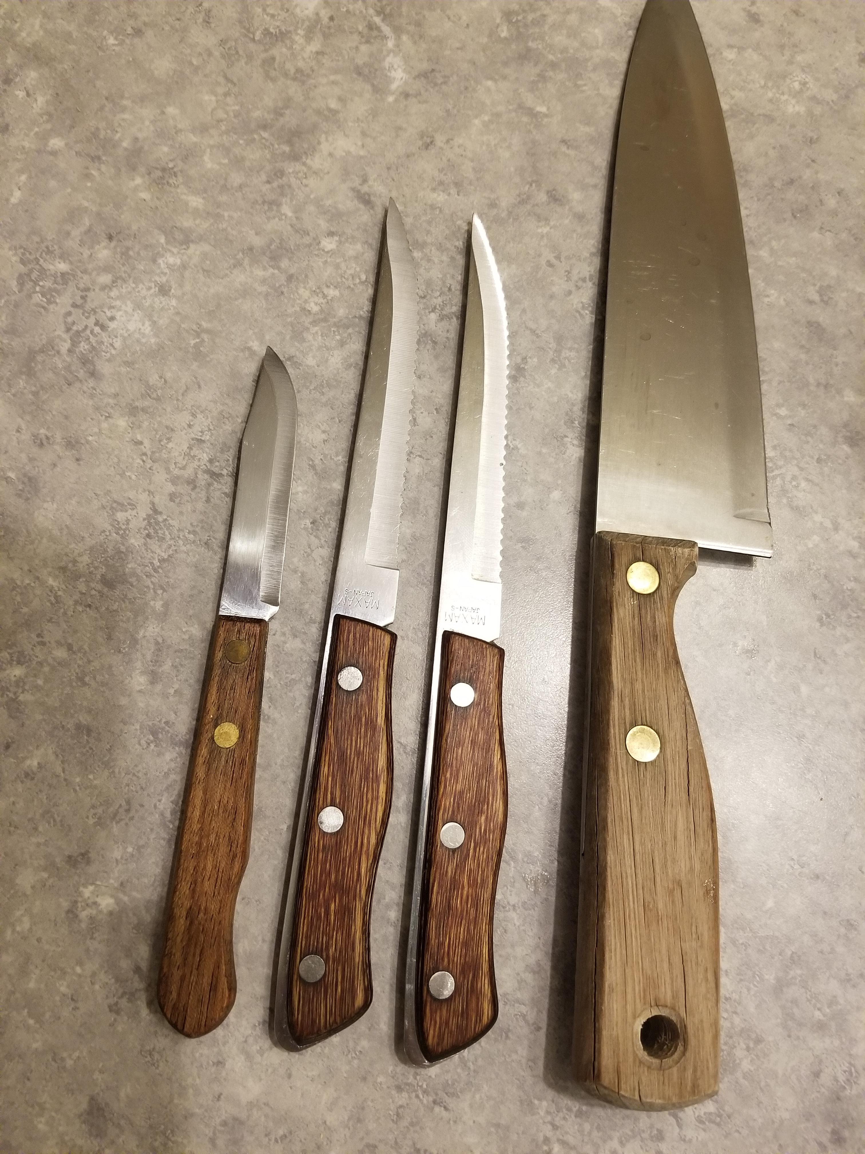 Beeswax and mineral oil finish on some old kitchen knives. The three on the left are the after