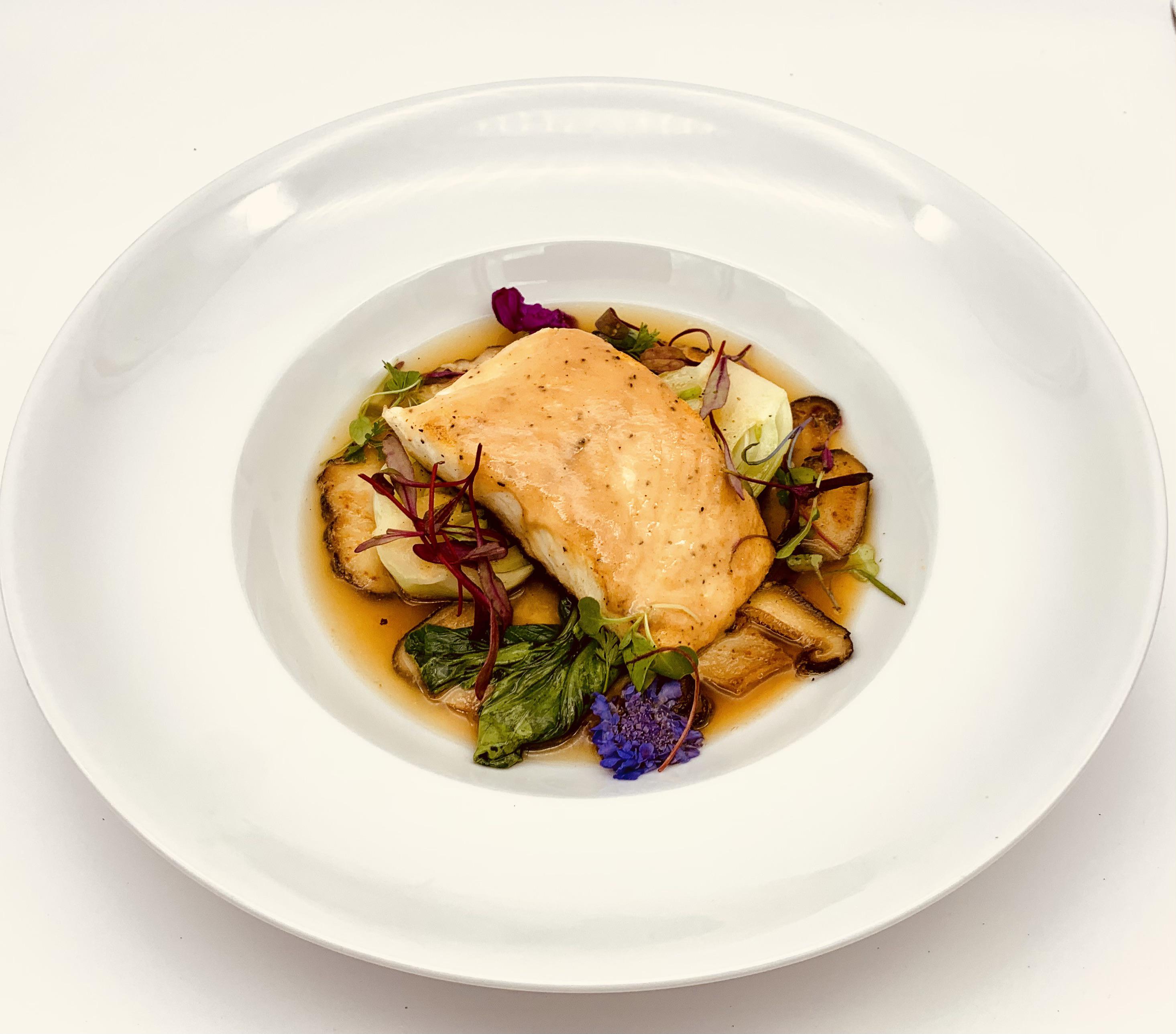 Miso Glazed Halibut, Shiitake Mushroom, Charred Bok Choy, Dashi Broth