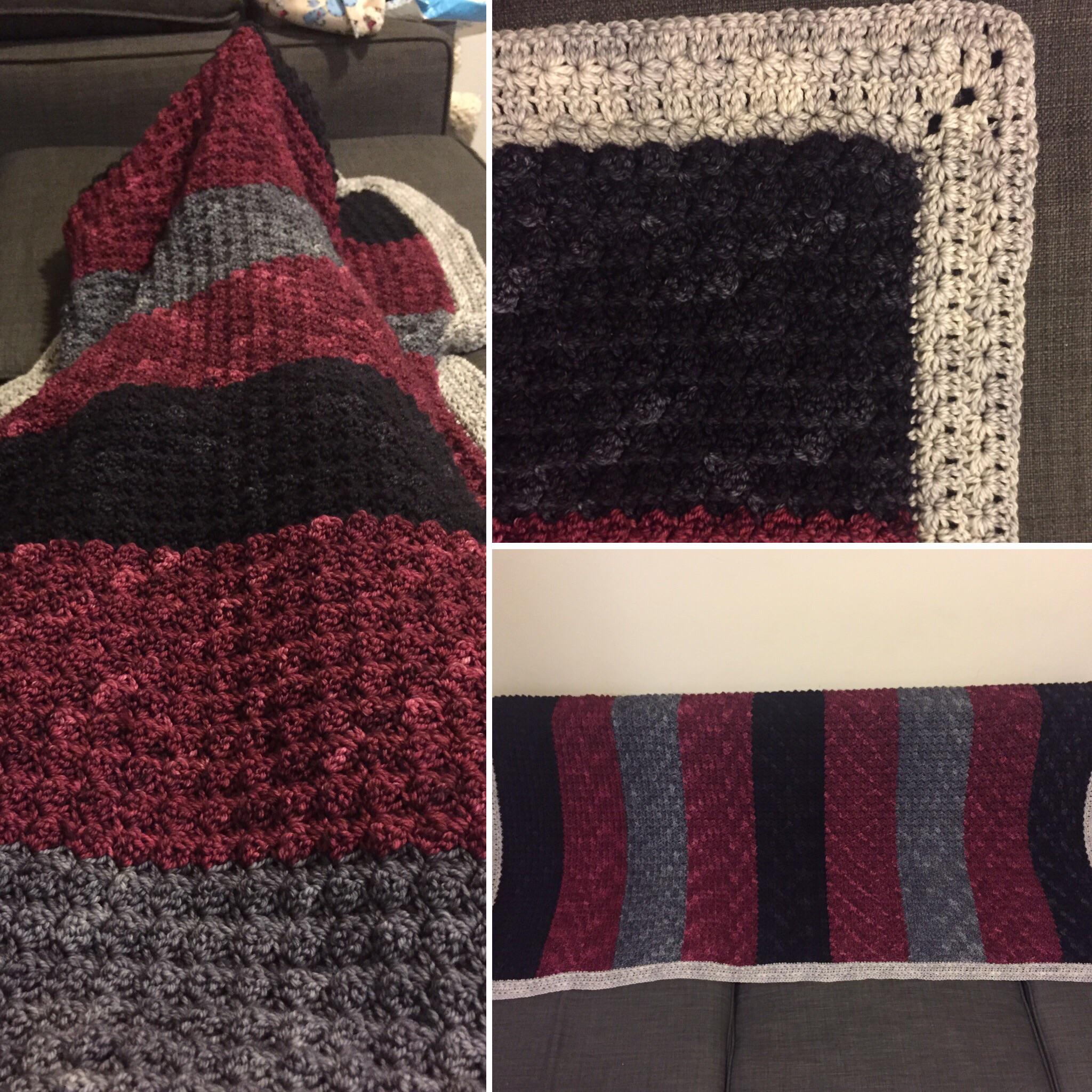 Whipped up this oddly narrow blanket for a housewarming present. It’s