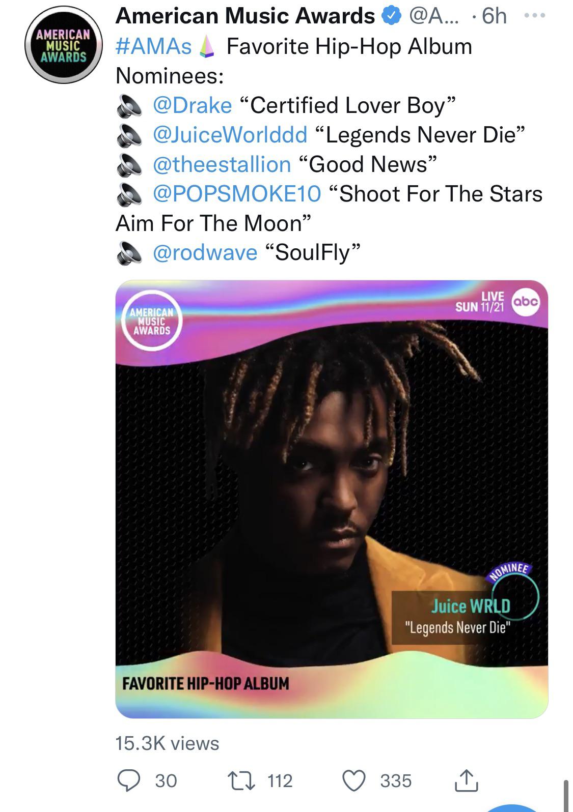 Juice WRLD’s Legends Never Die has been nominated for AMAs top hiphop