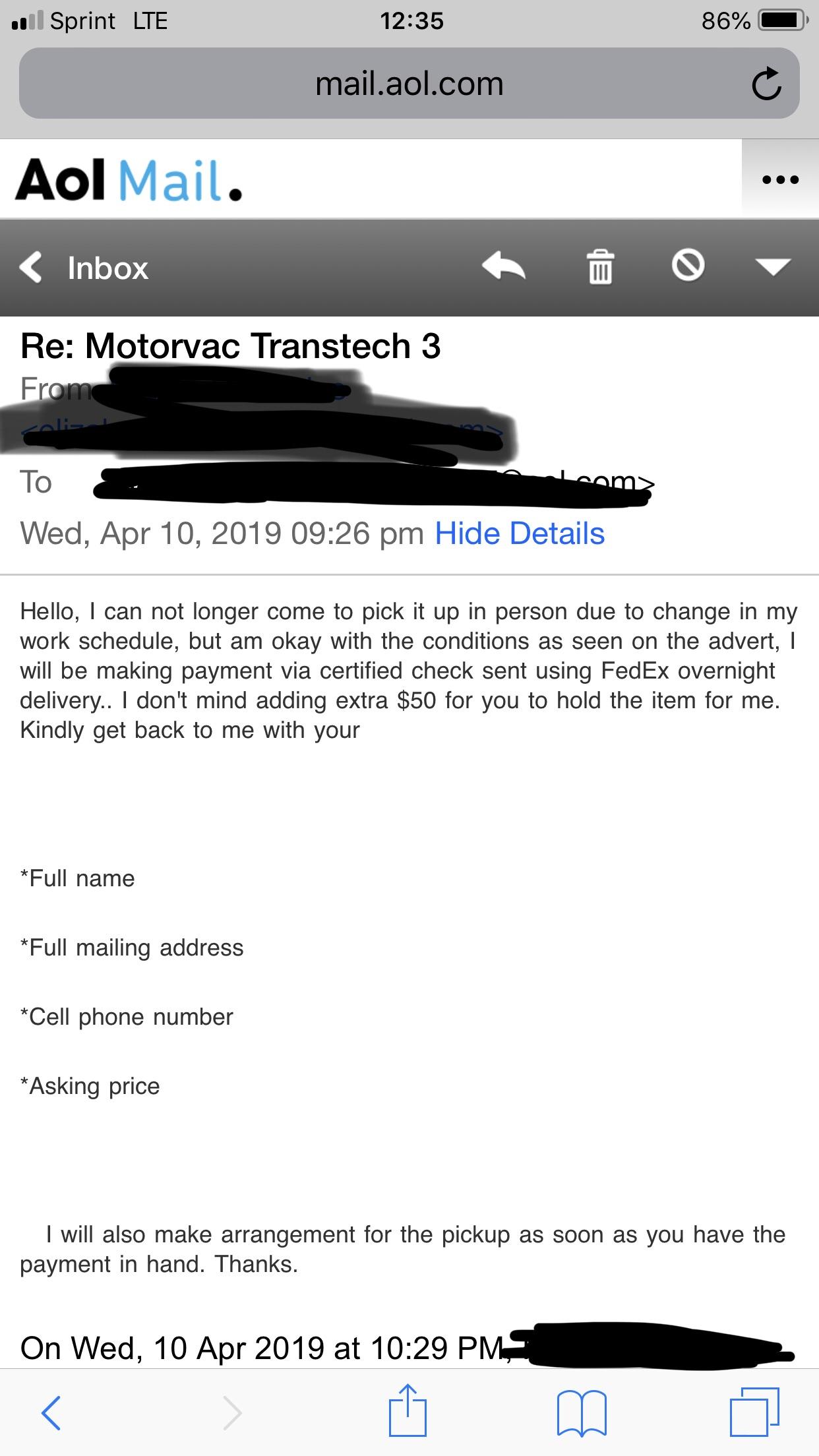 Selling an item on Craigslist. Does this seem like a scam? I’ve never