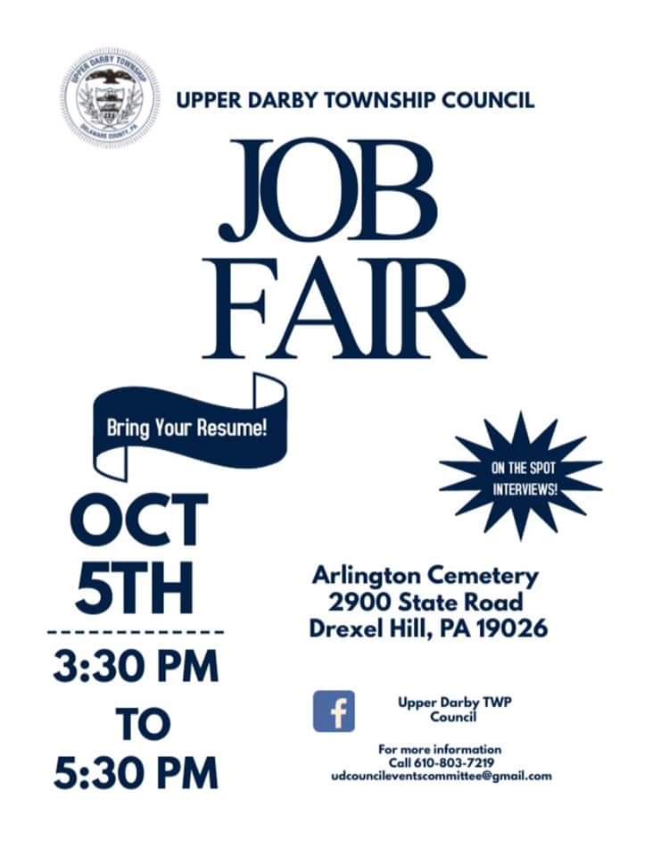 Upper Darby Township job fair tomorrow from 330530pm r/Delco
