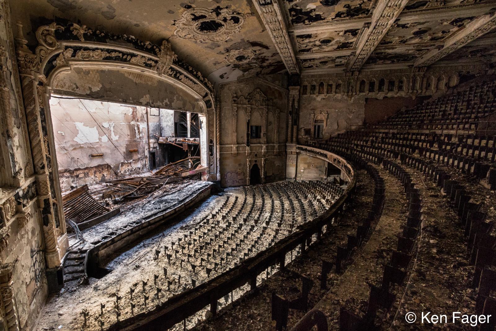 An abandoned Detroit high school's beautiful auditorium. r