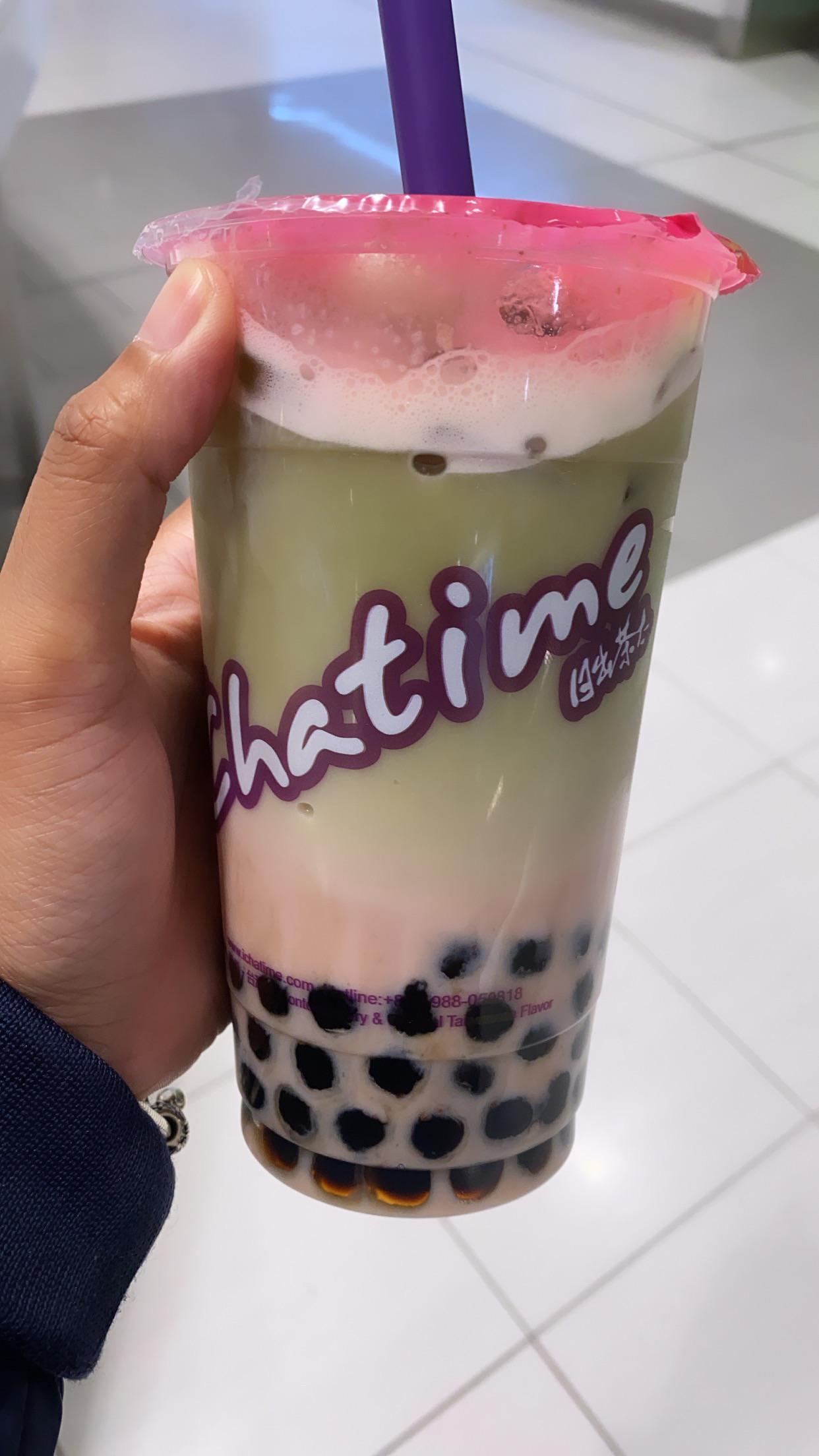 Strawberry matcha latte with pearls chatime r/boba