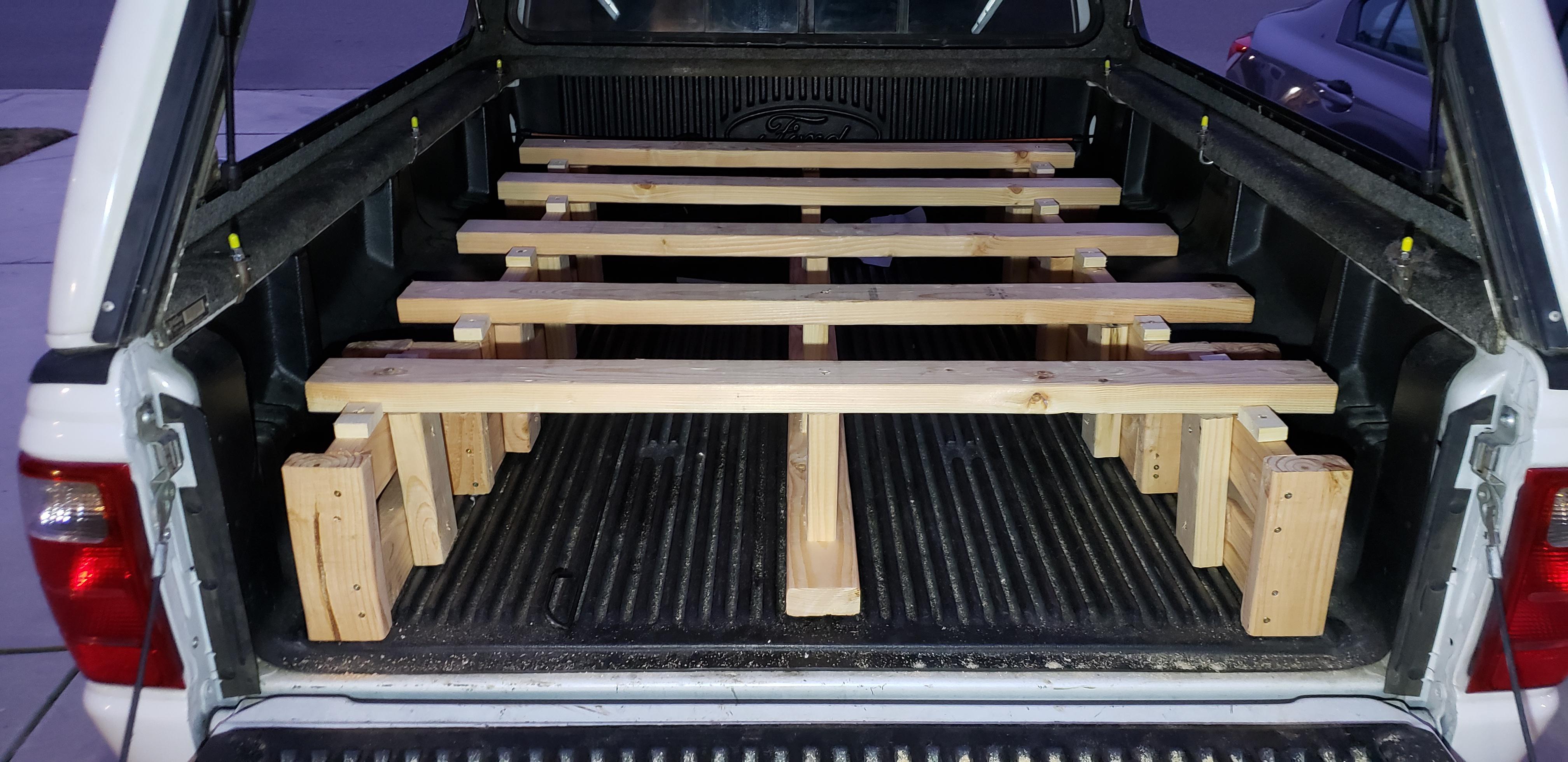 Designed and built my own removable bed frame for camping. Can't wait
