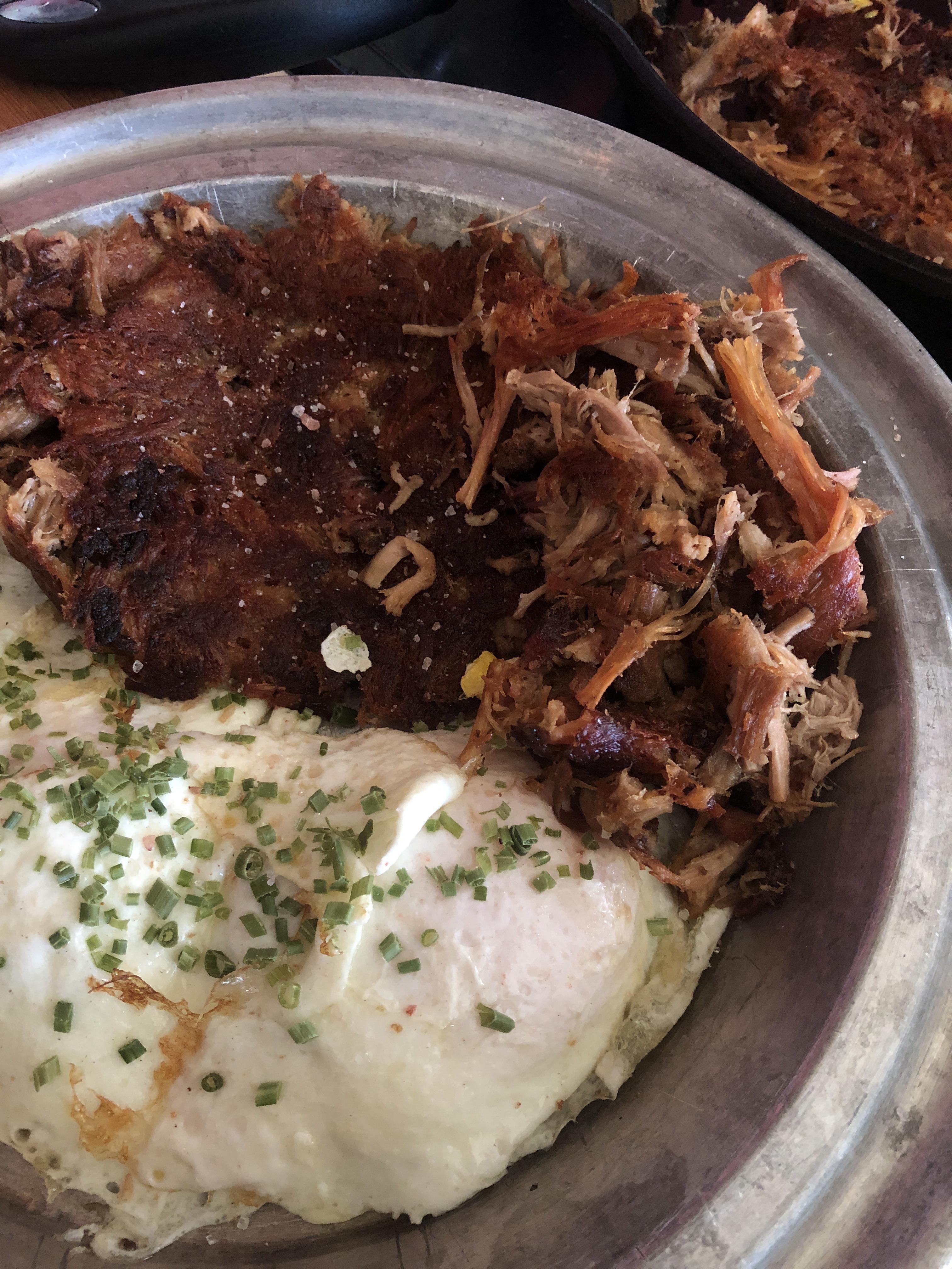 Yesterday’s pulled pork, fried with beef tallow and farm fresh eggs