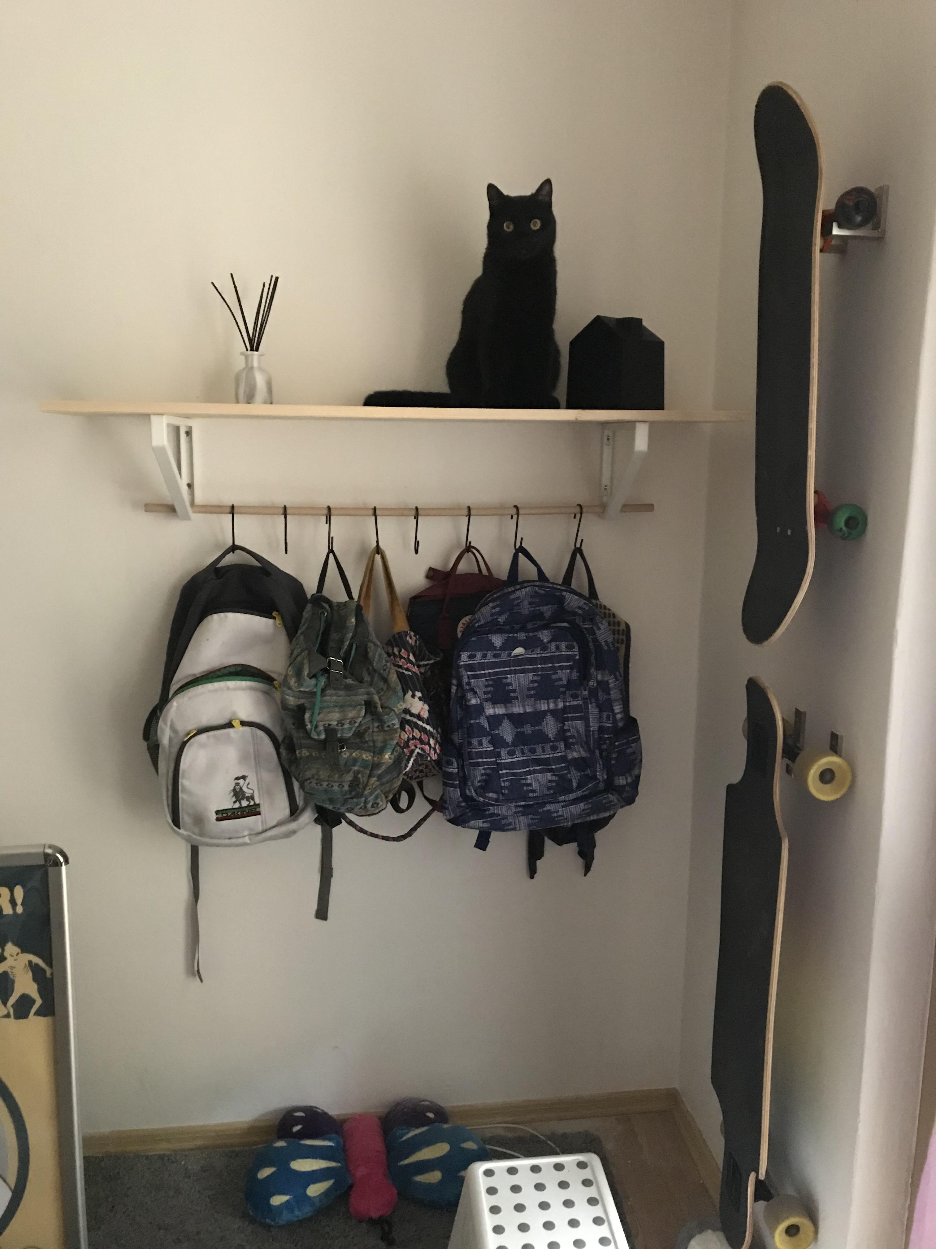made shelf with hanger and skate/longboard hangers (ikea EKBY LERBERG