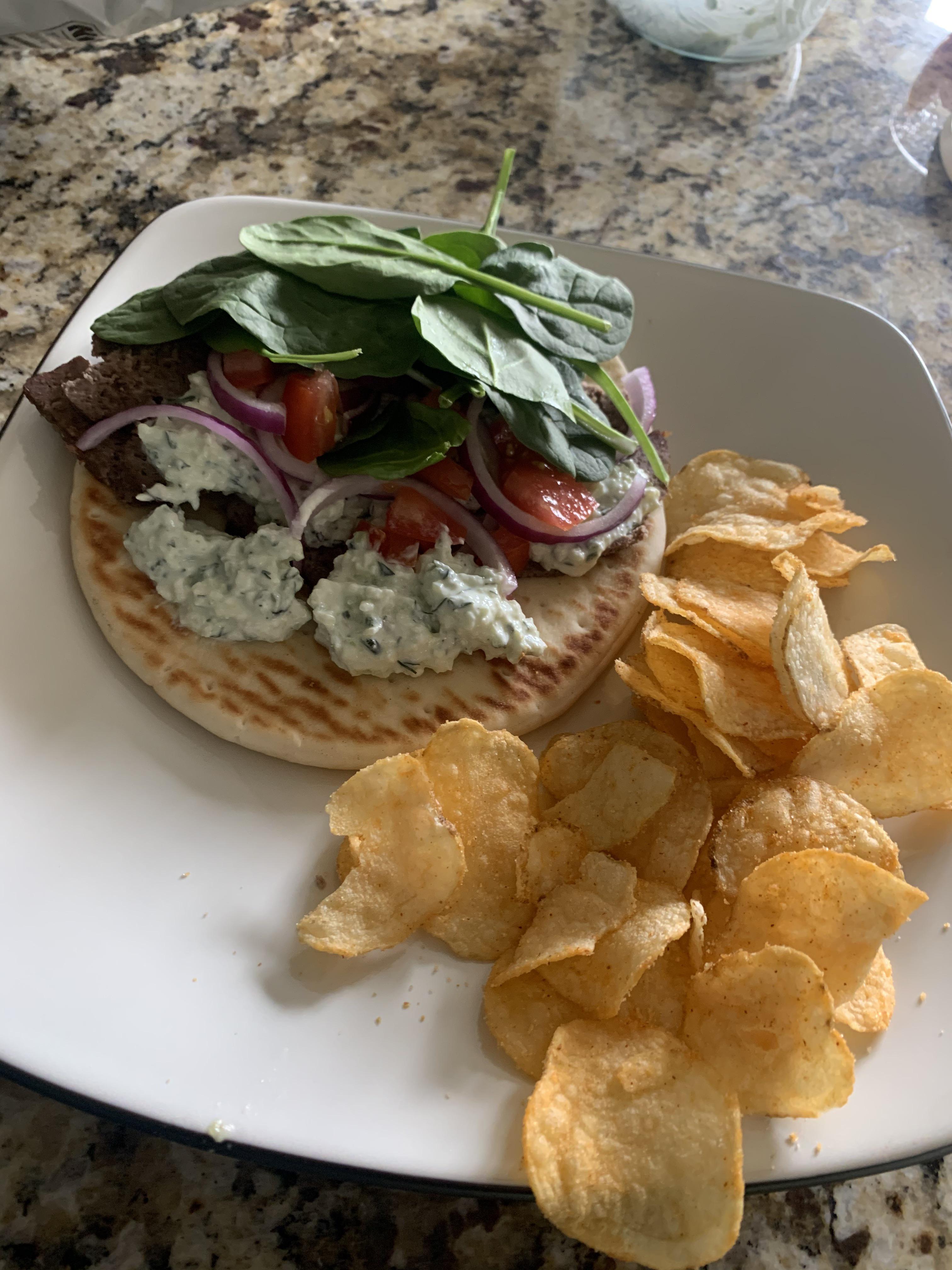 [homemade] Lamb gyro with a side of middlesworth kettle cooked bbq