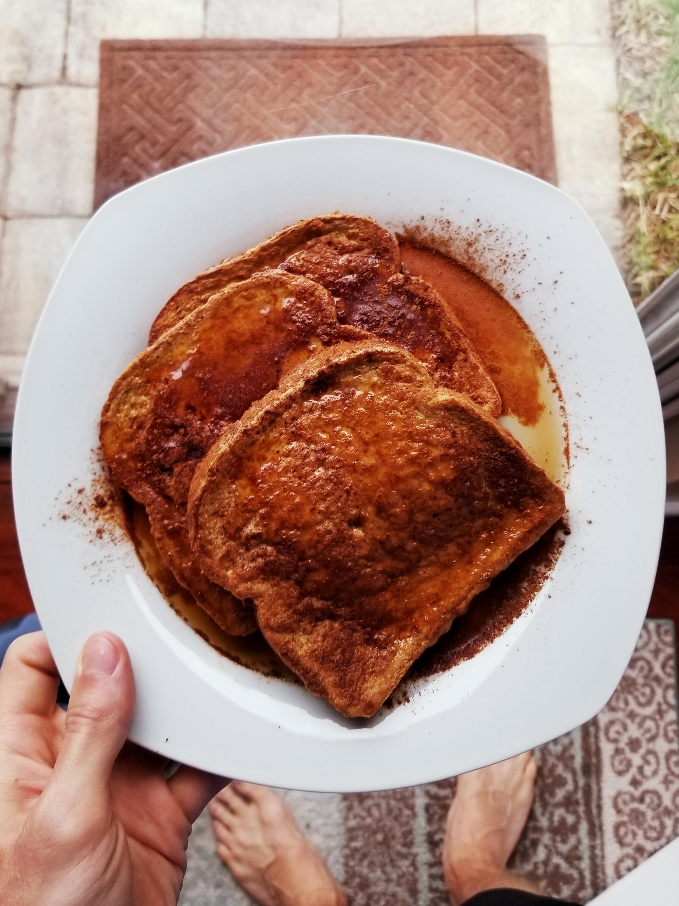 Whole wheat french toast made with egg whites, cinnamon, & sugar free