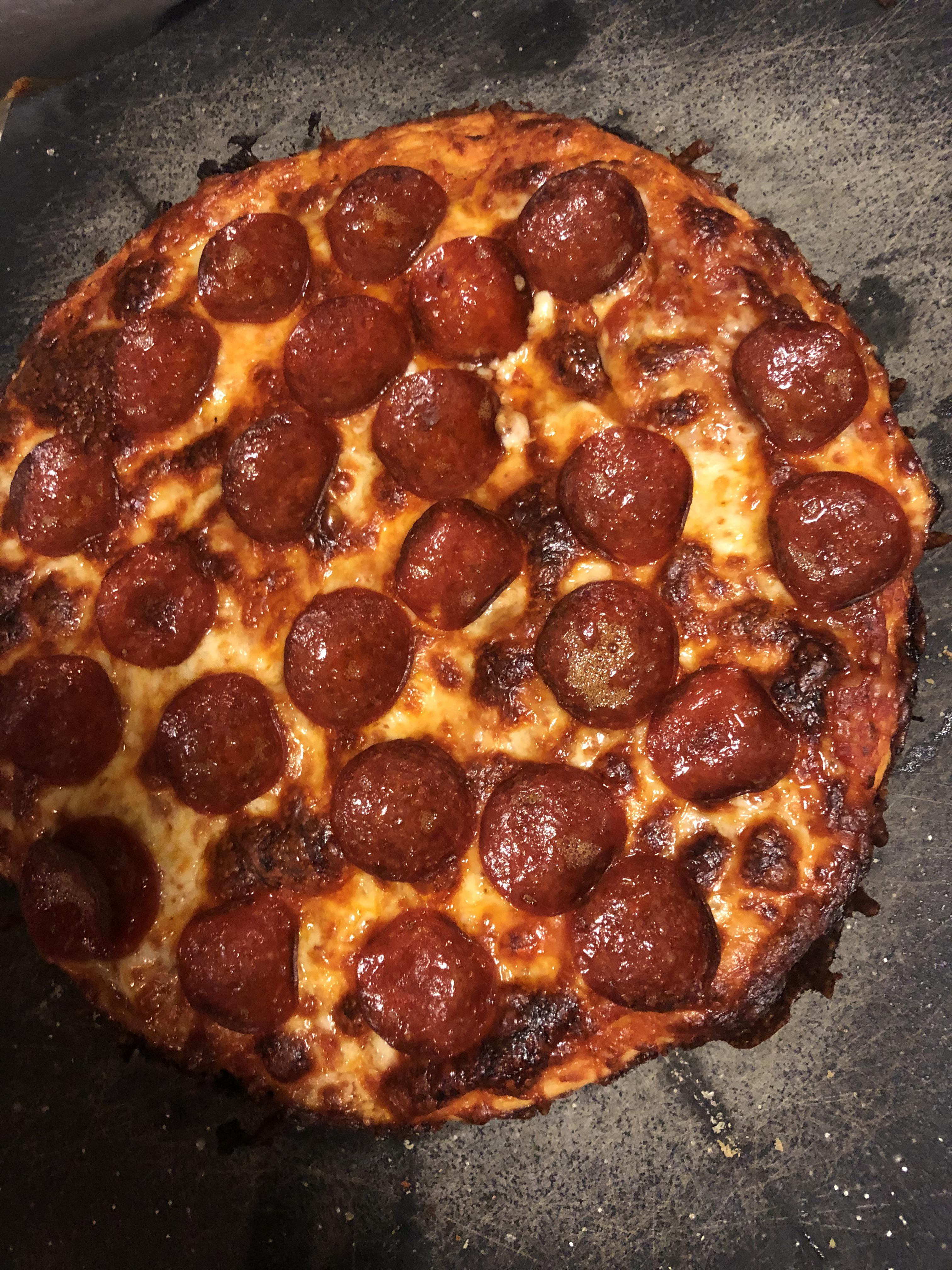 Cast iron pan pepperoni pizza. Dough from scratch. r/FoodPorn