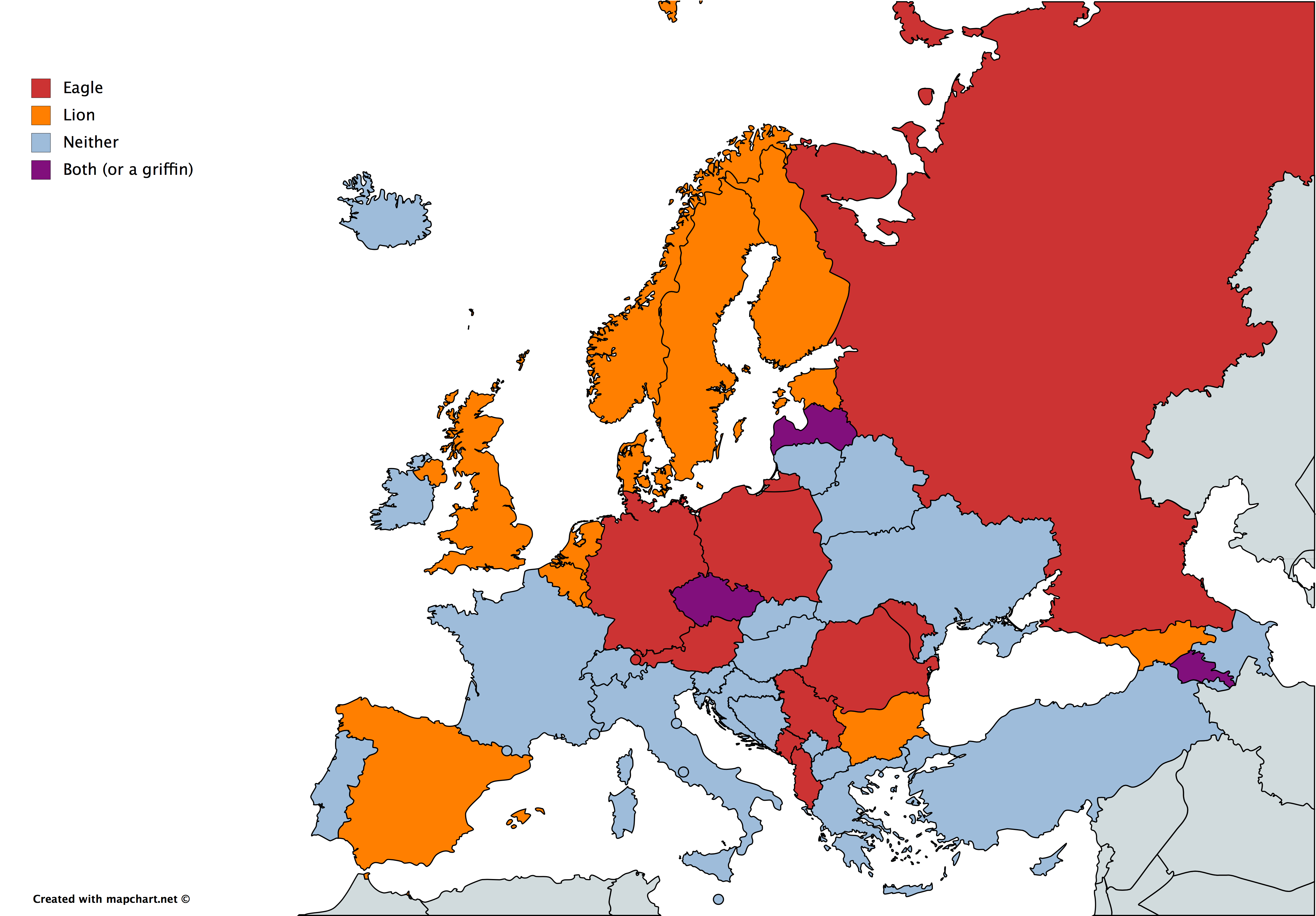 Countries in Europe with an eagle or lion on their flag or coat of arms