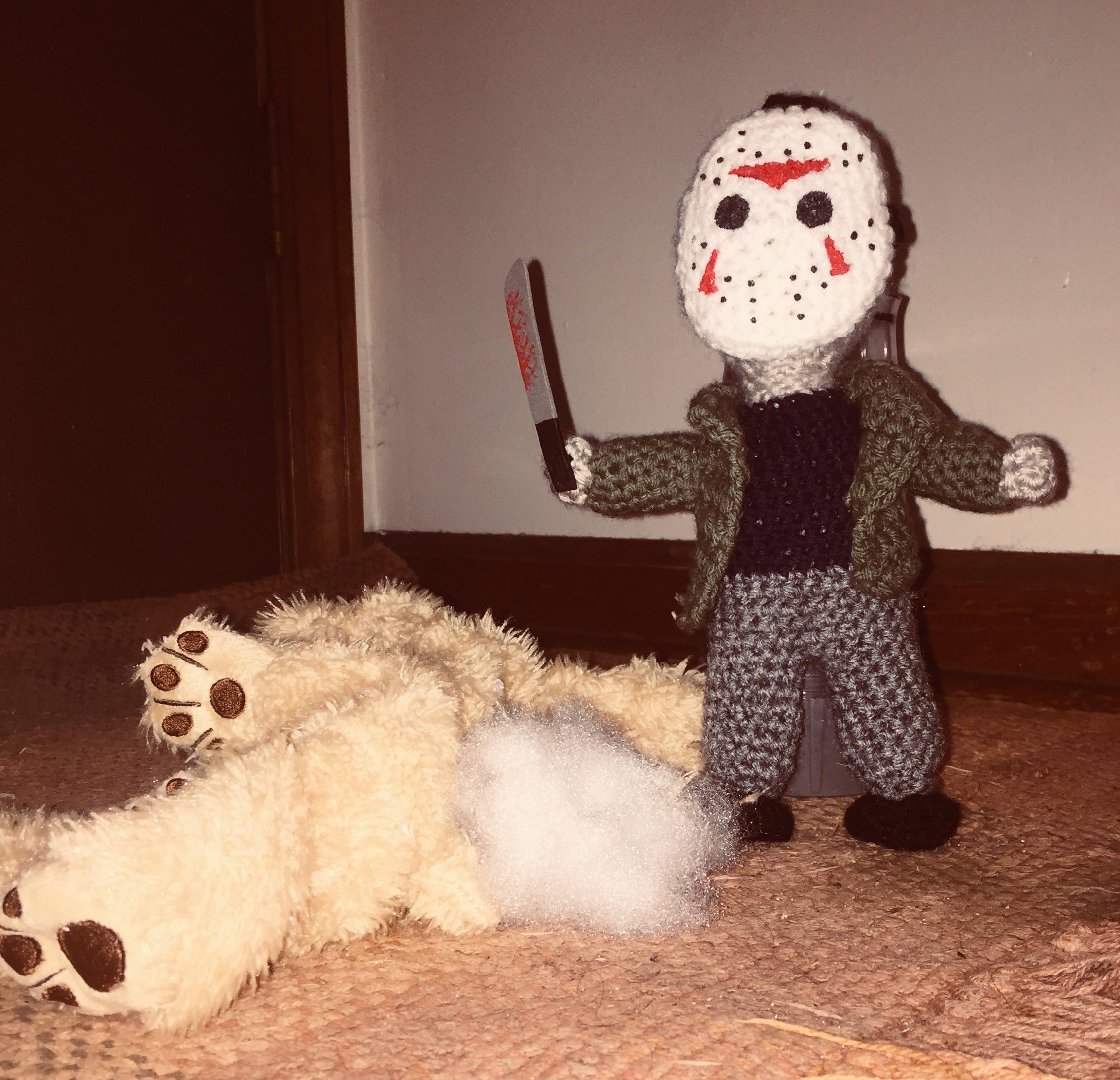 Crocheted Jason Voorhees featuring the stuffed animal brutally murdered