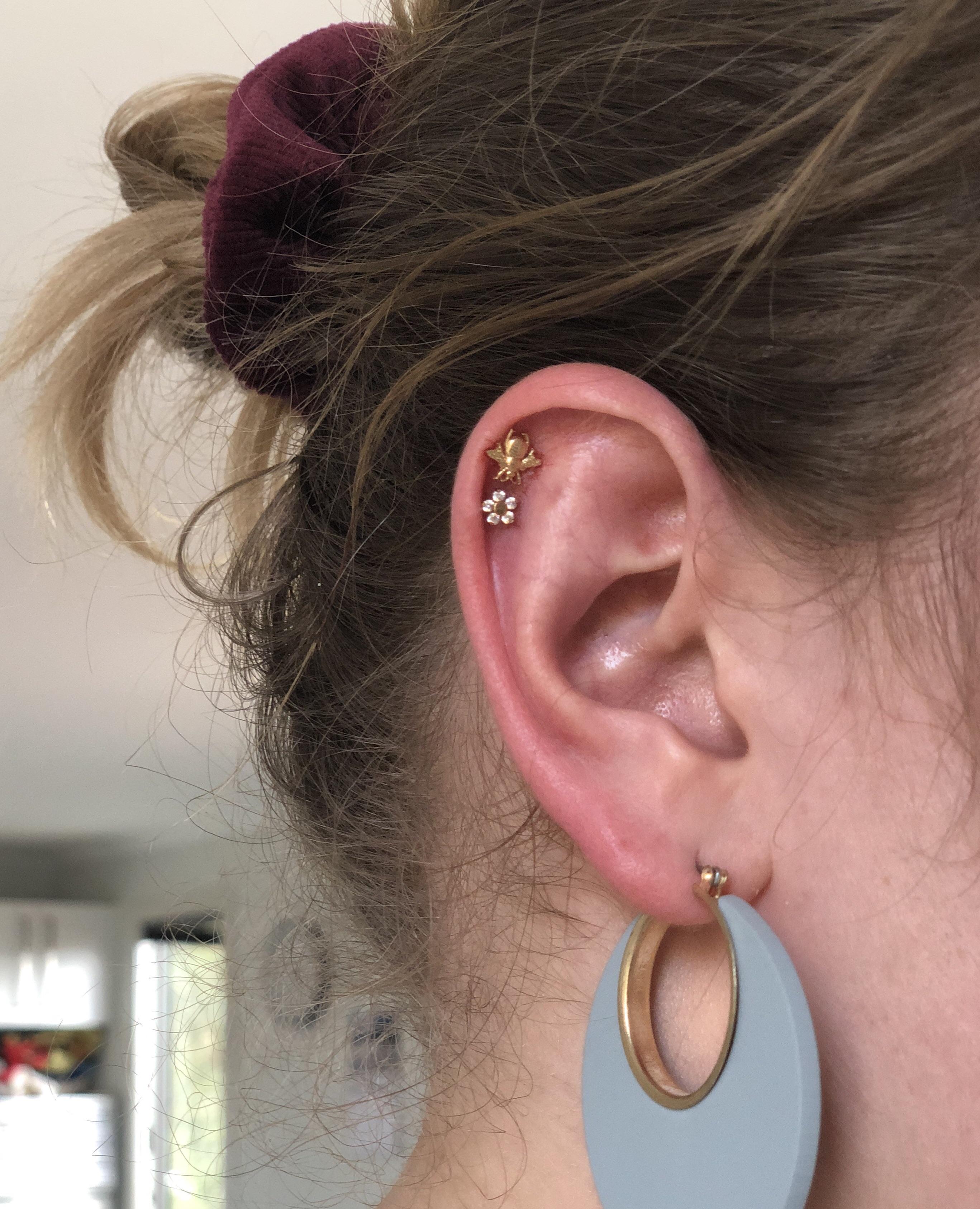 Freshly pierced double helix bee and flower combo! r/piercing