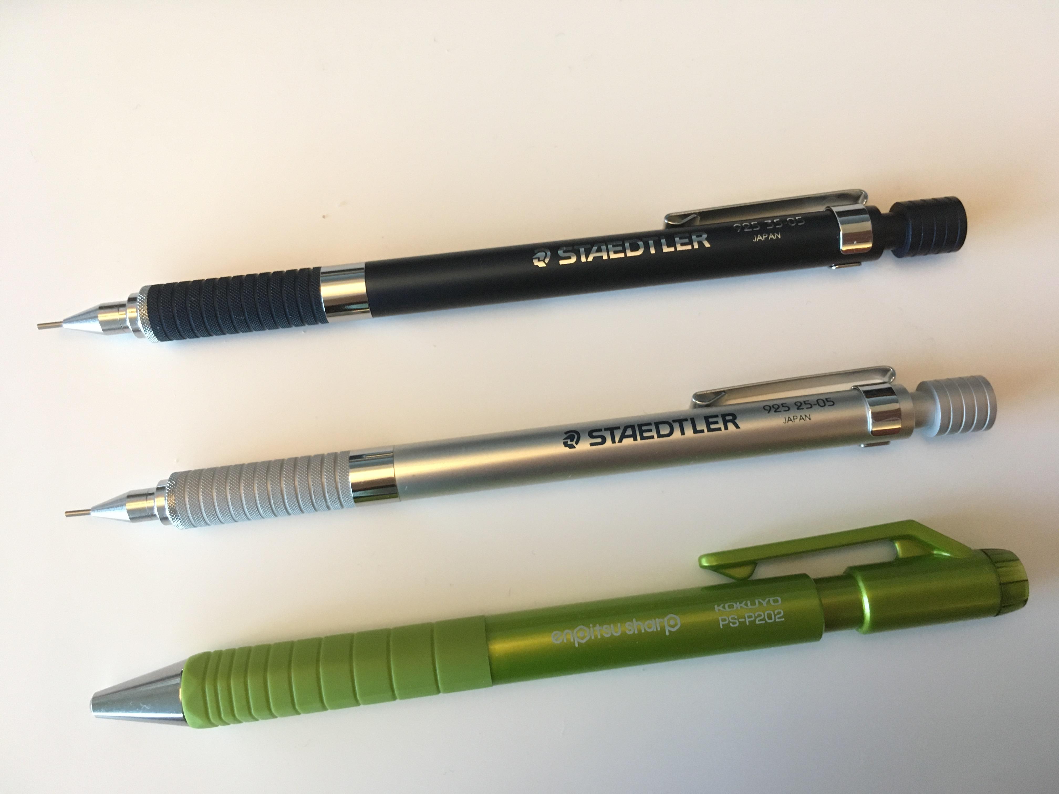 Staedtler 925 25 and 925 35 (0.5mm for both), and a green Kokuyo PS