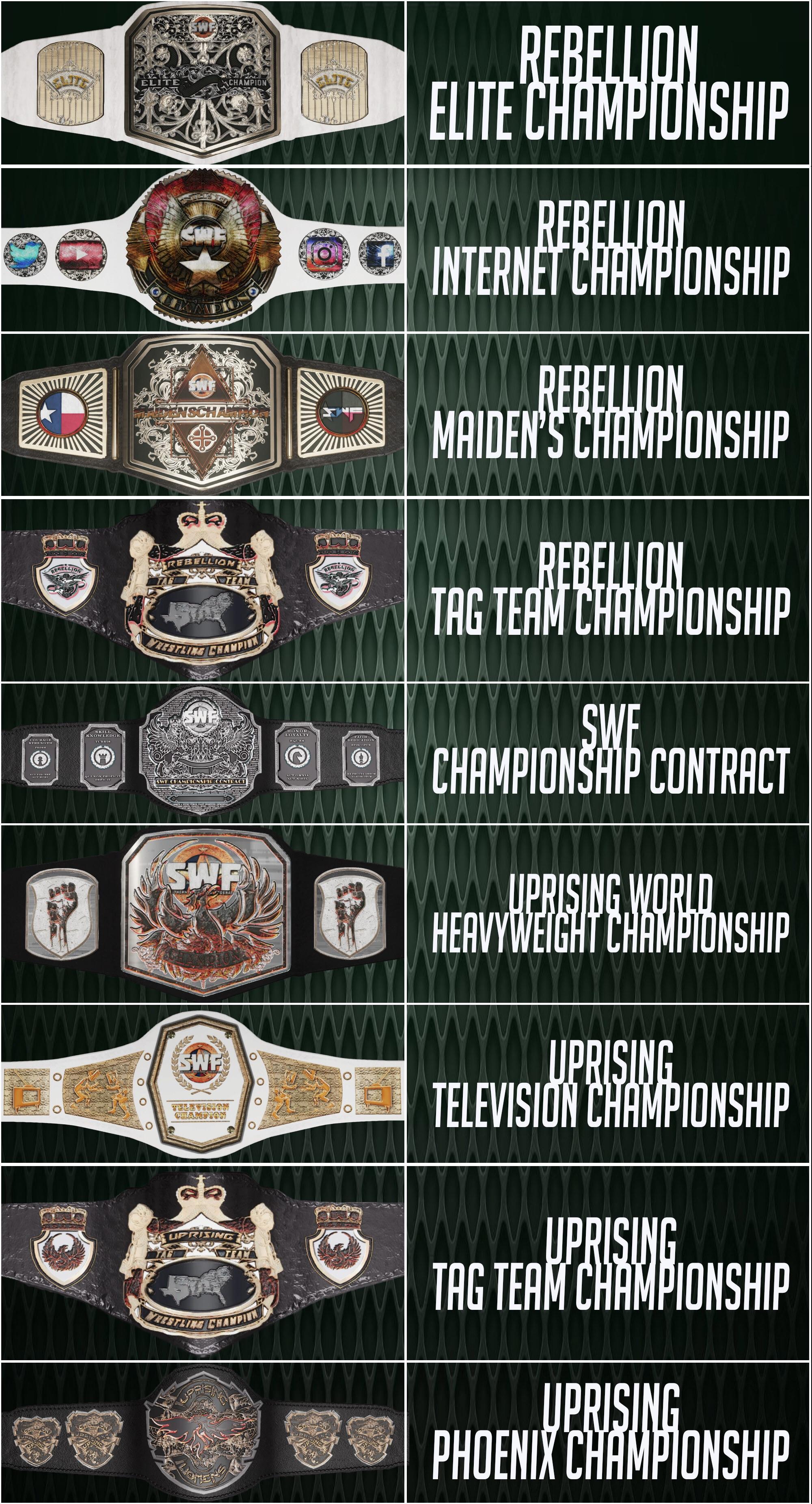 All my titles for my Universe Mode and federation, Southern Wrestling