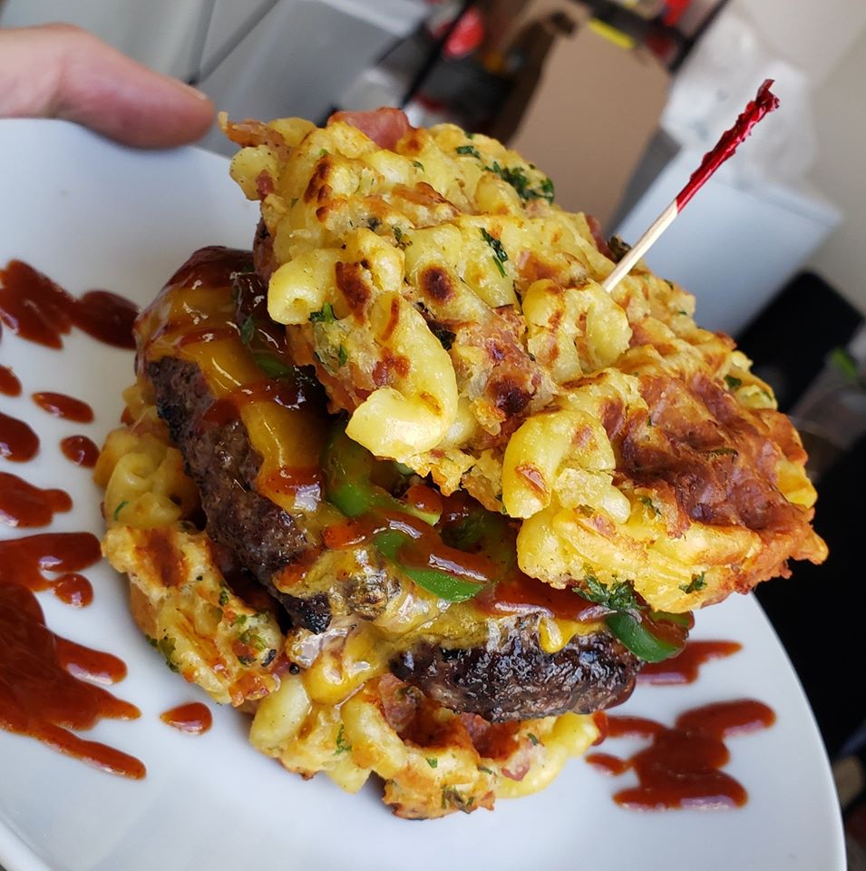 [Chef] Mac and cheese waffle burger. Topped with cheddar cheese
