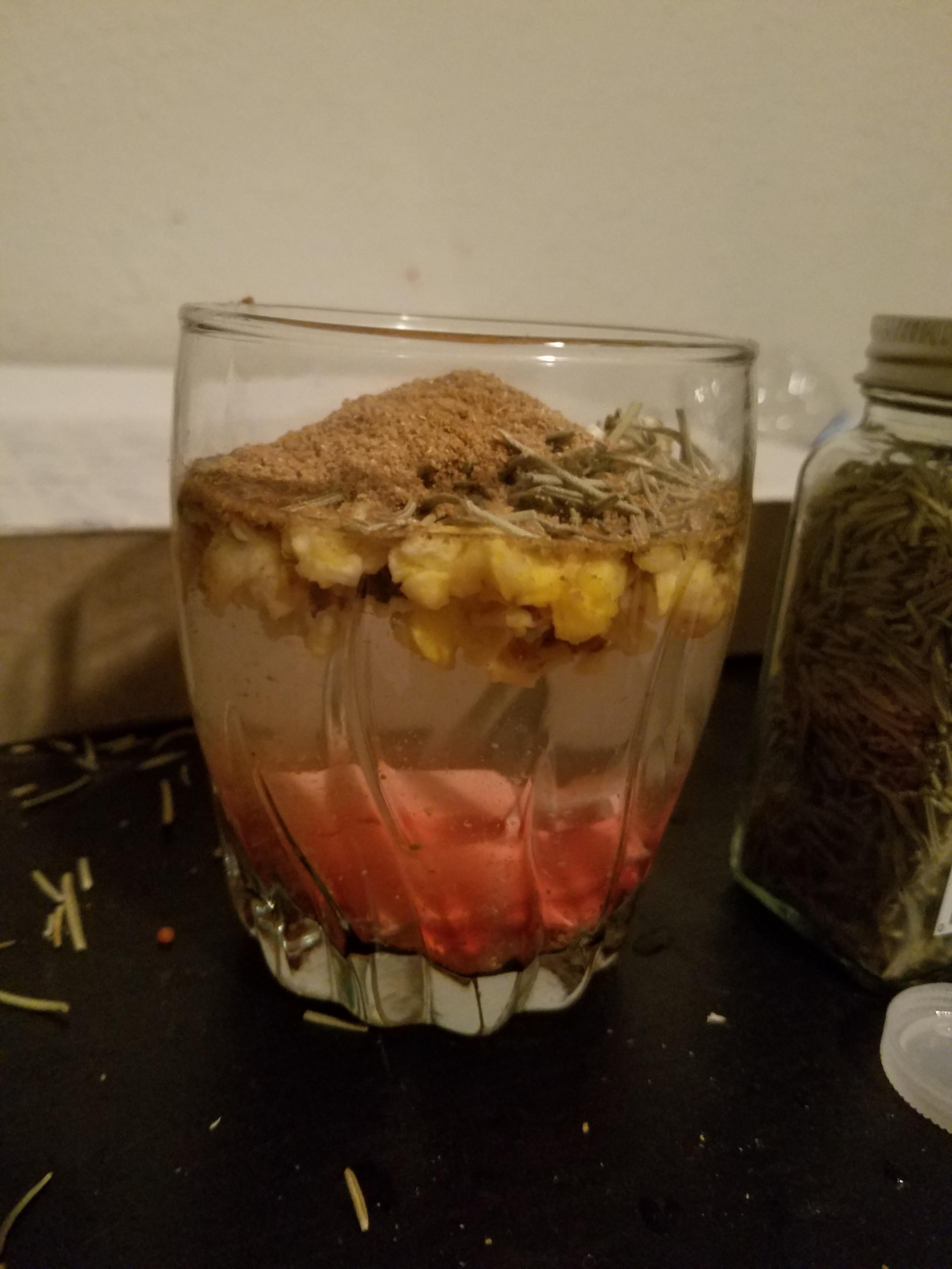 Cinnamon gum left underwater for 2 hours, garnished with popcorn