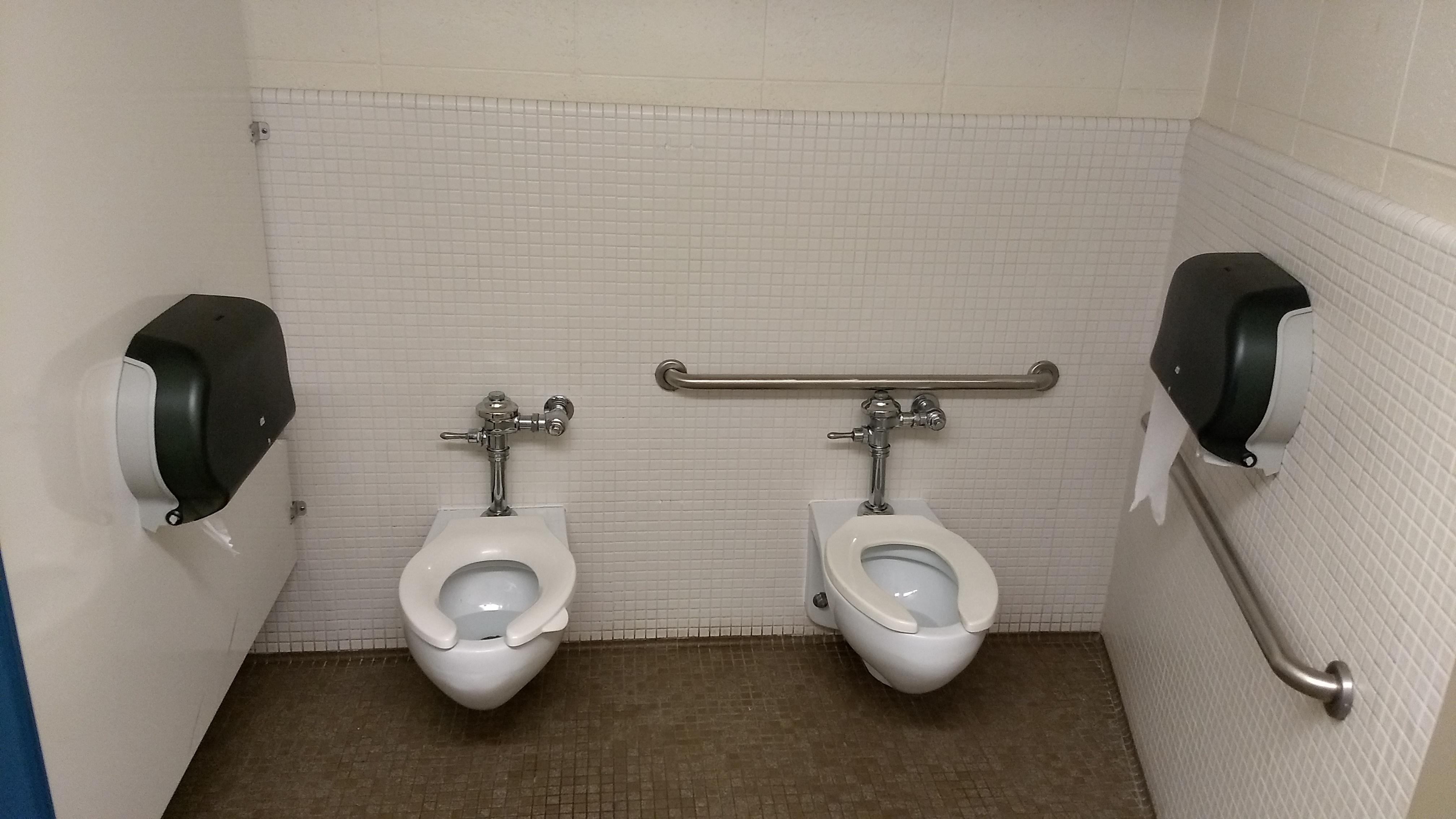 Two toilets one stall in a bathroom on my college campus. r