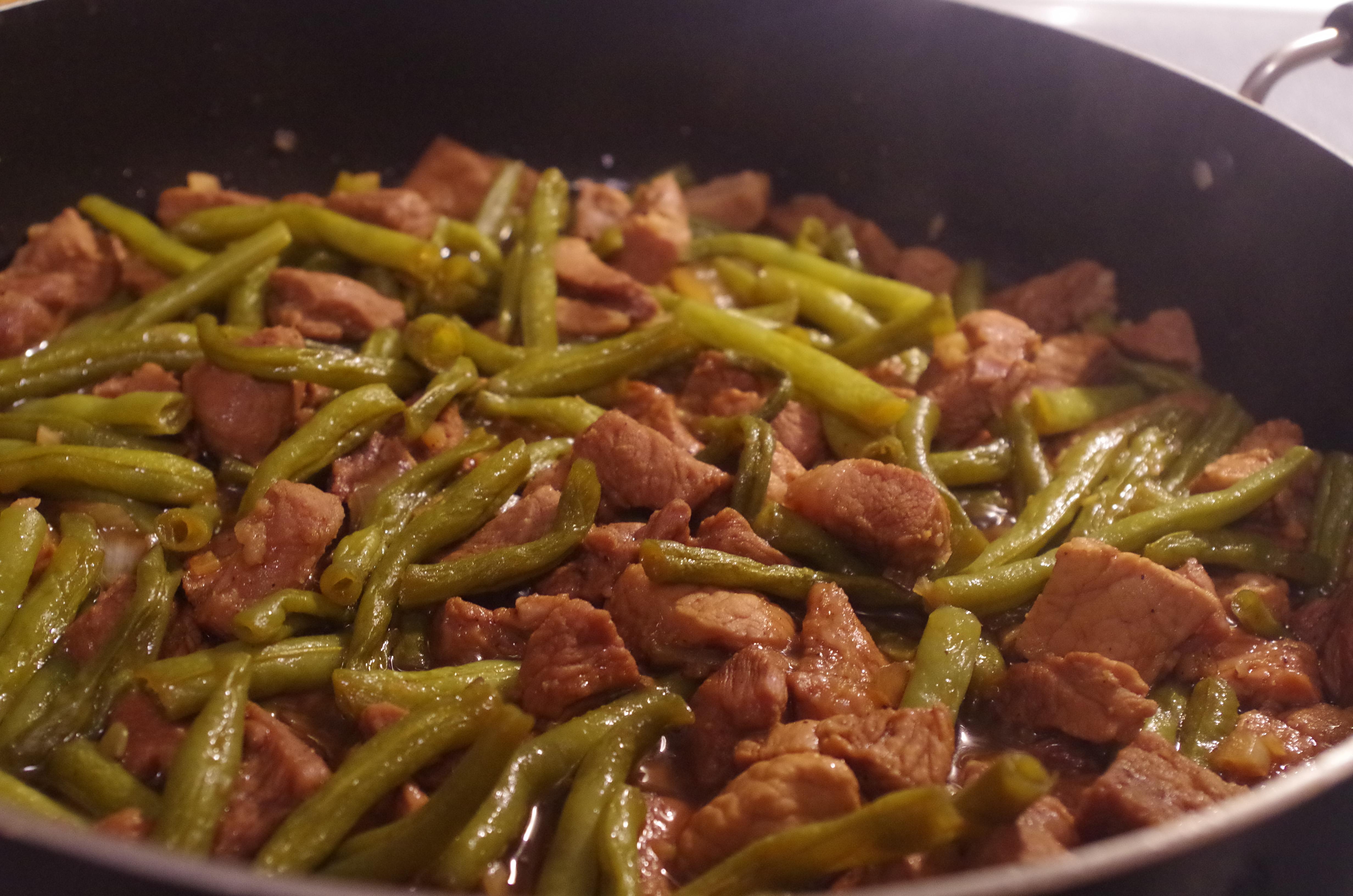 Adobong Sitaw Green beans & Pork in a stew of garlic, soy sauce