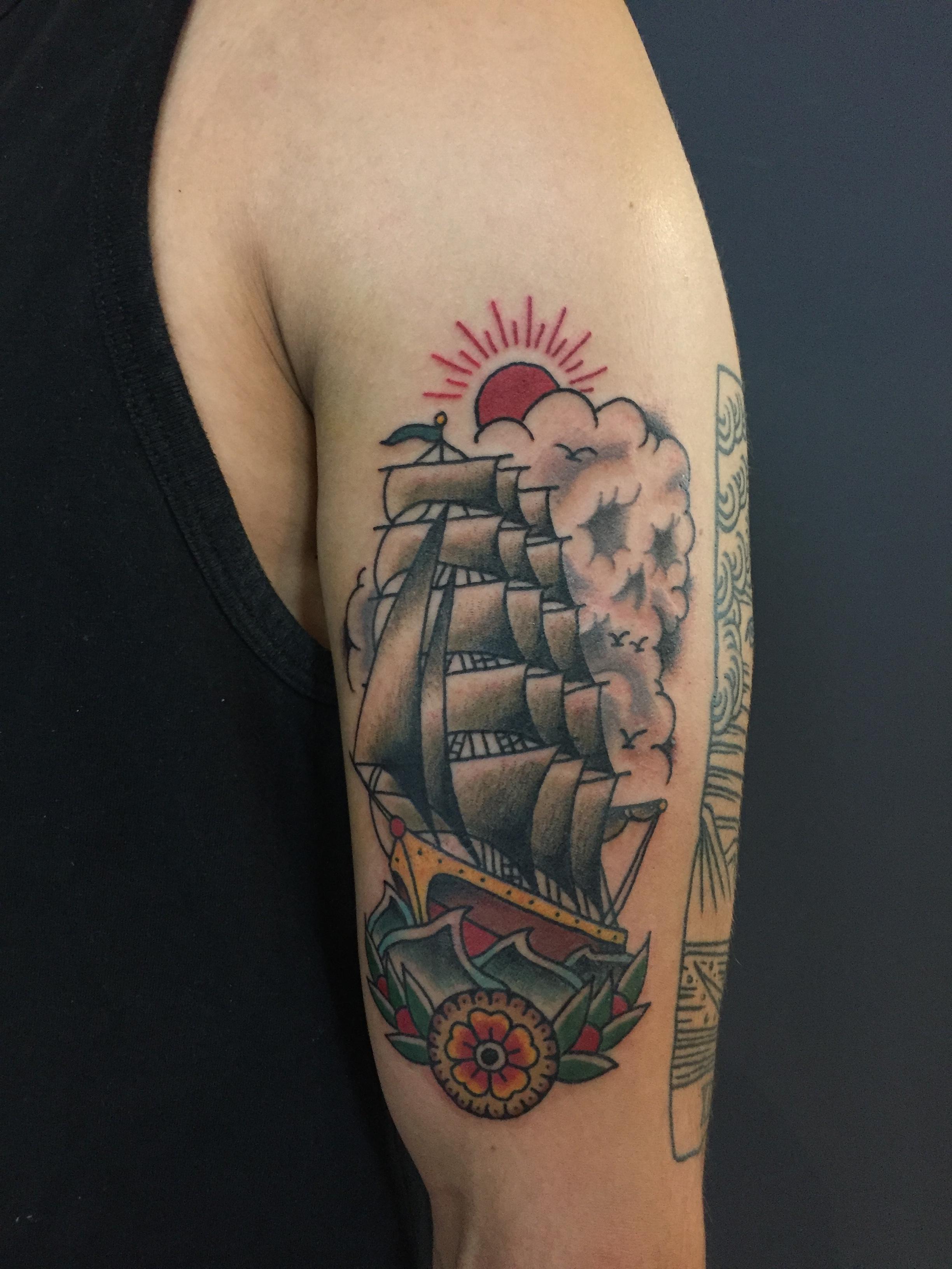 Clipper ship done my Paulski at The Golden Rule Tattoo; PHX tattoos