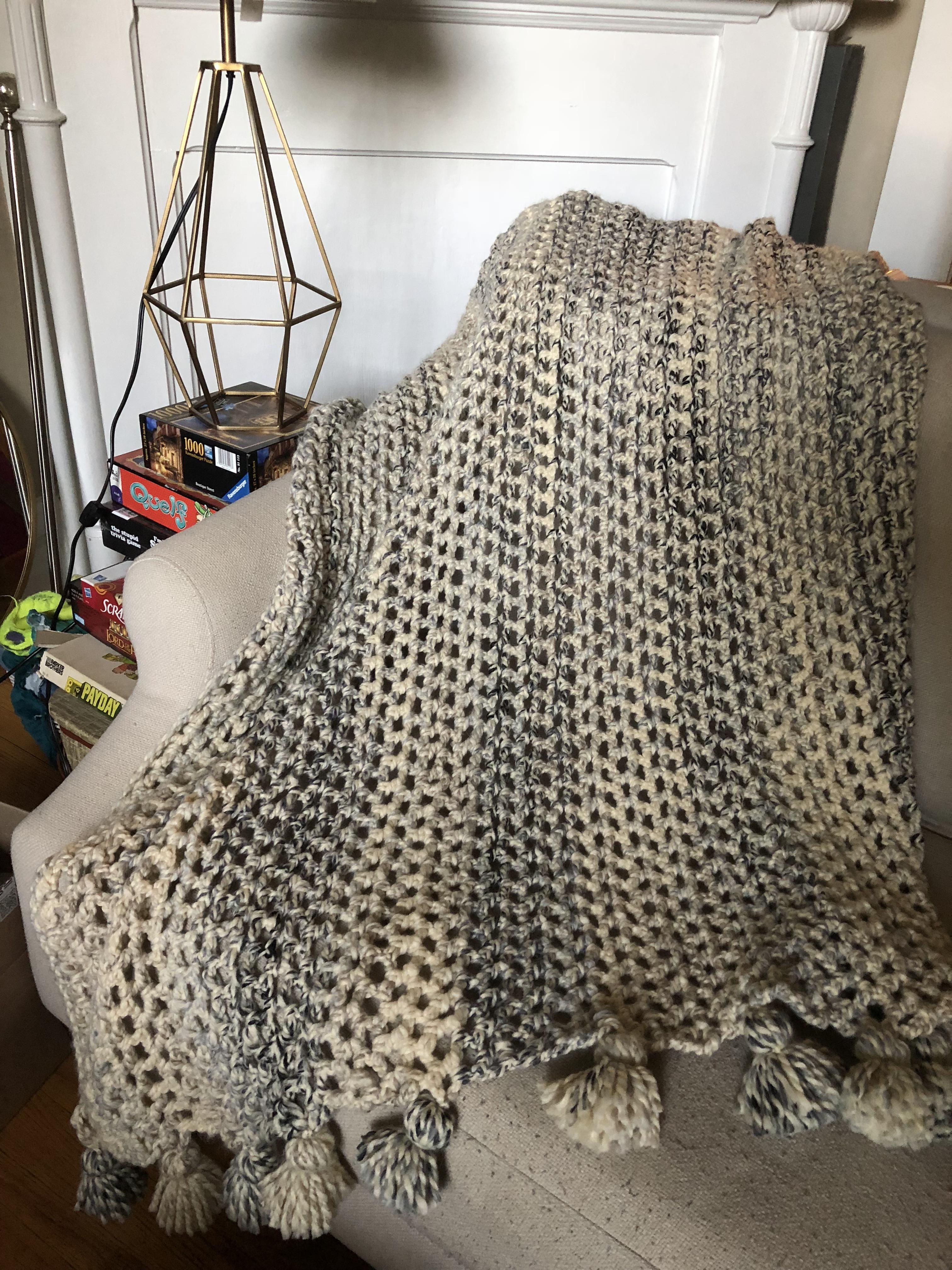 Cozy blanket for sisterinlaw going off to college! r/crochet