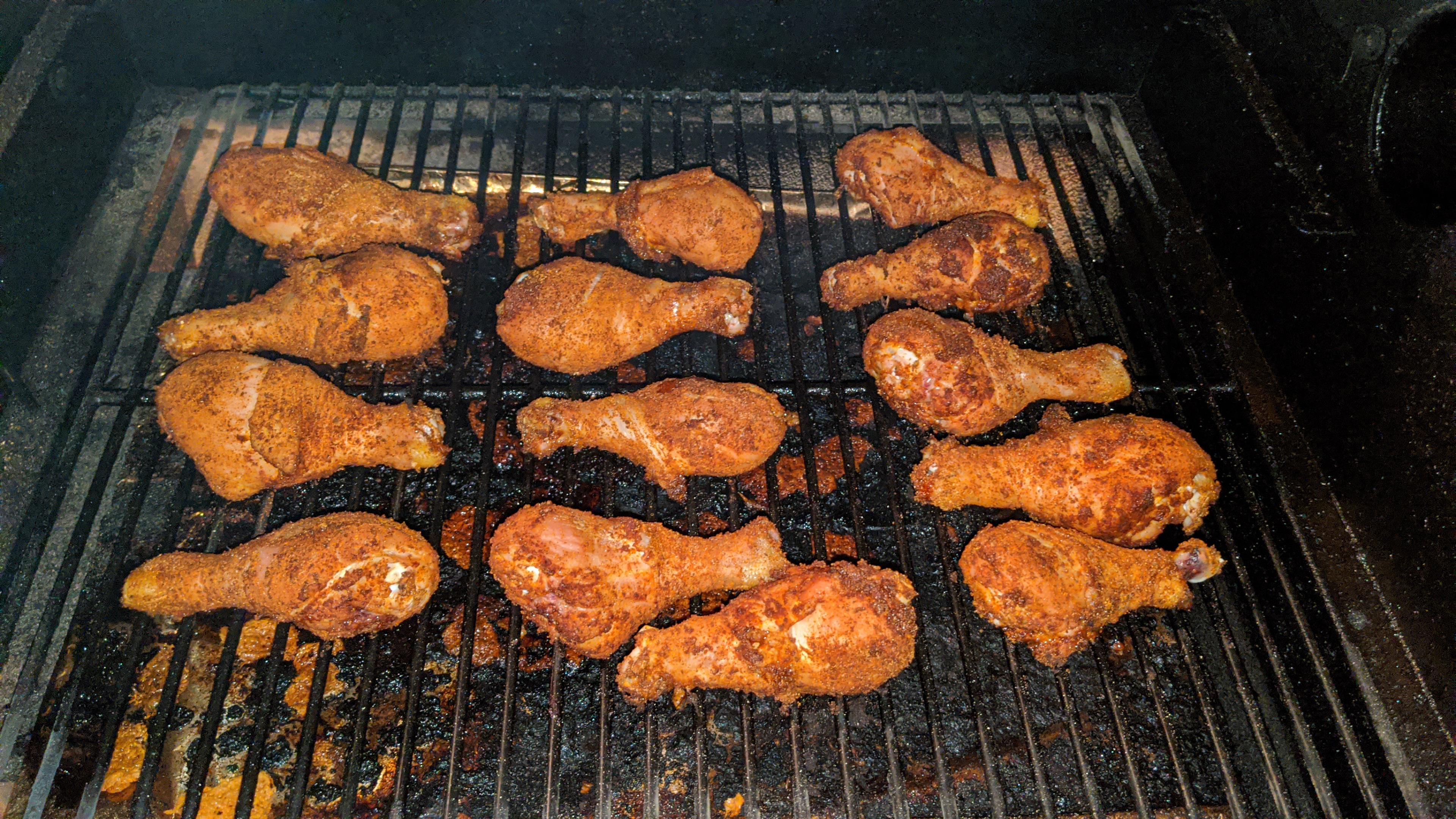 Traeger drumsticks half way thru. Needs a foil change tomorrow but