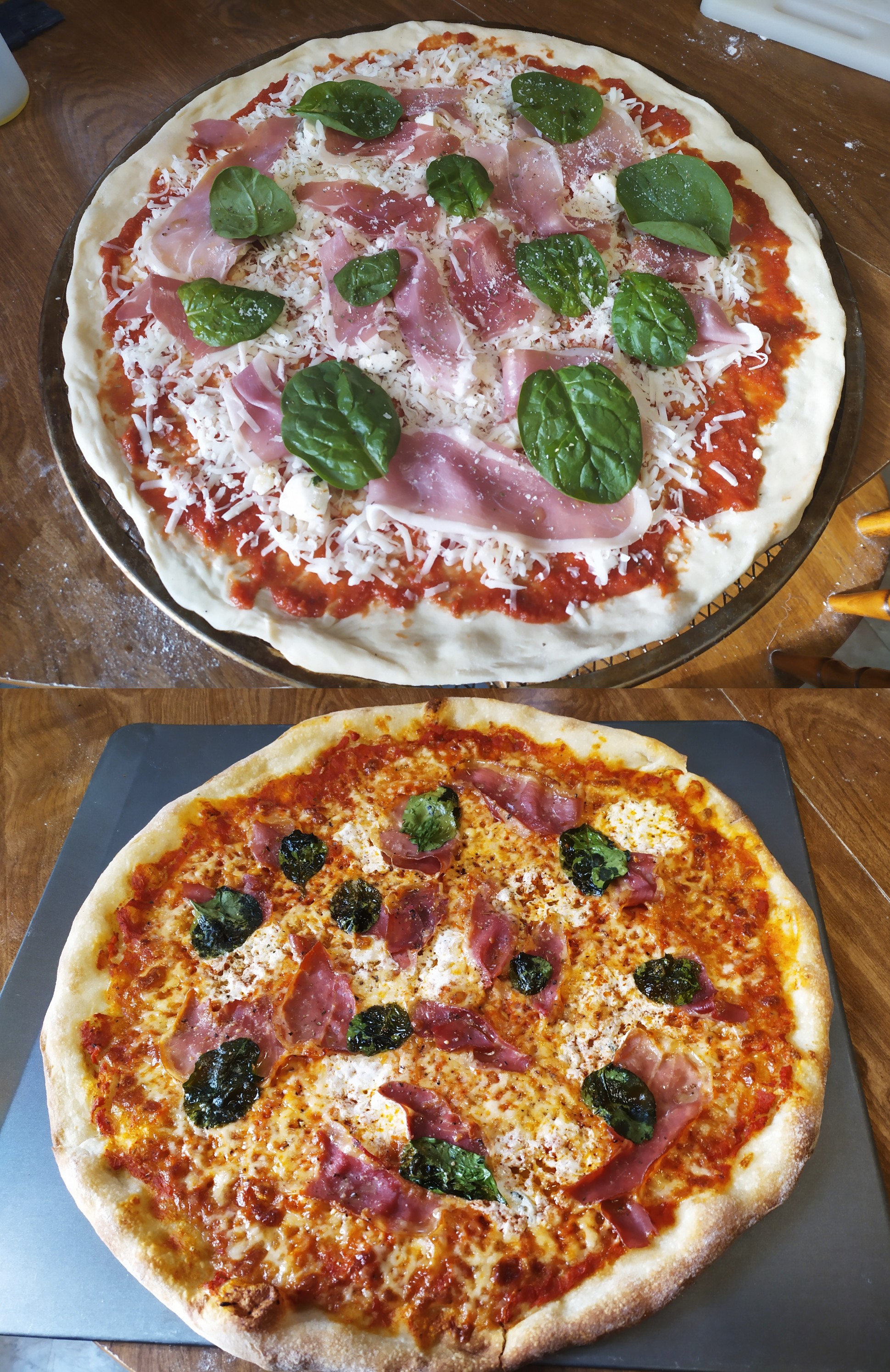 I made a homemade prosciutto, spinach, parmesan, and ricotta pizza with