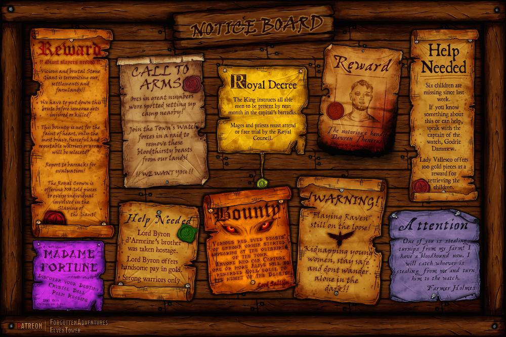 [Free Resource] Notice Board with modular Adventure Posters, Adventures