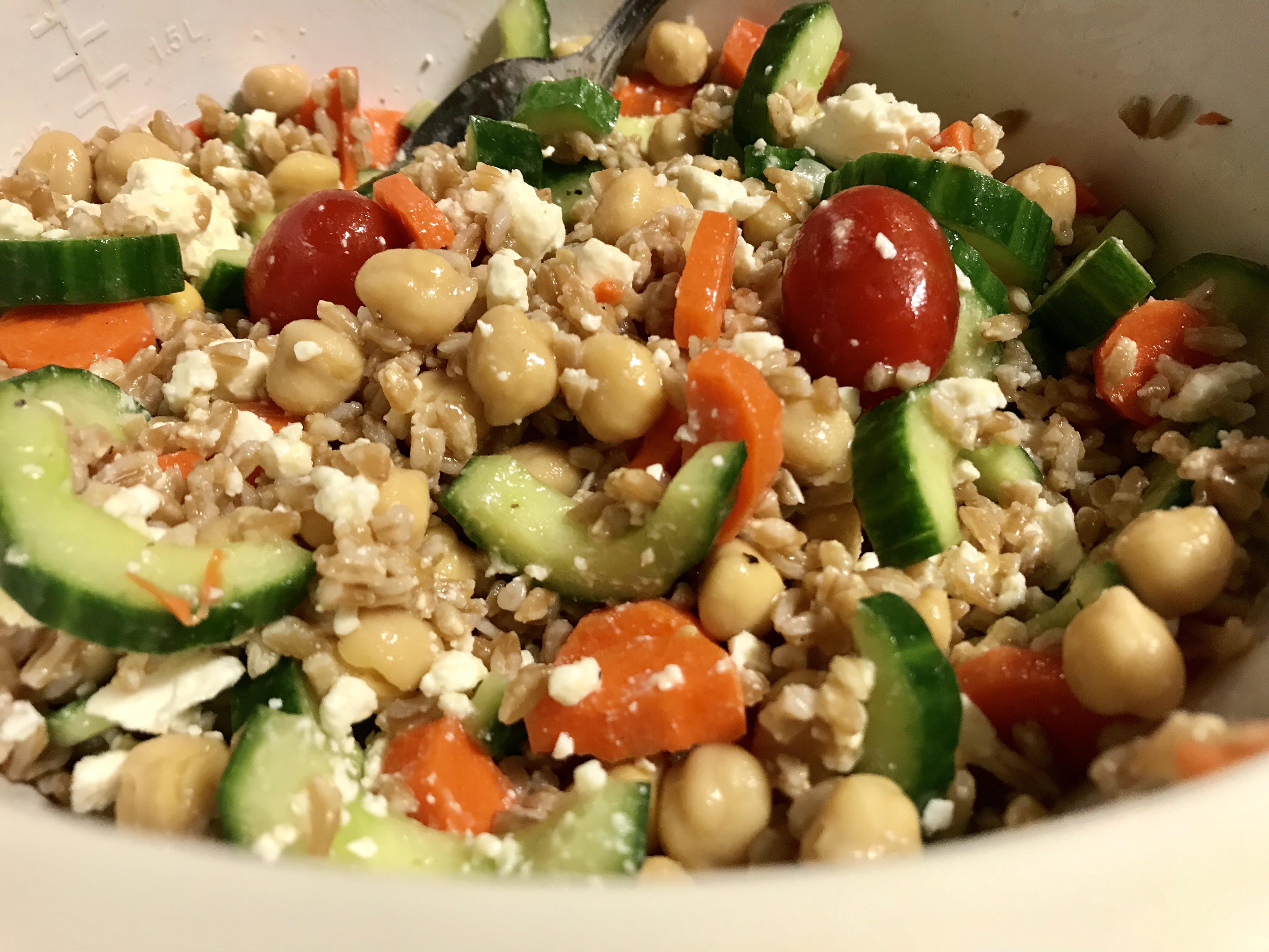 Farro salad with feta and chickpeas and a lemon vinaigrette r/HealthyFood