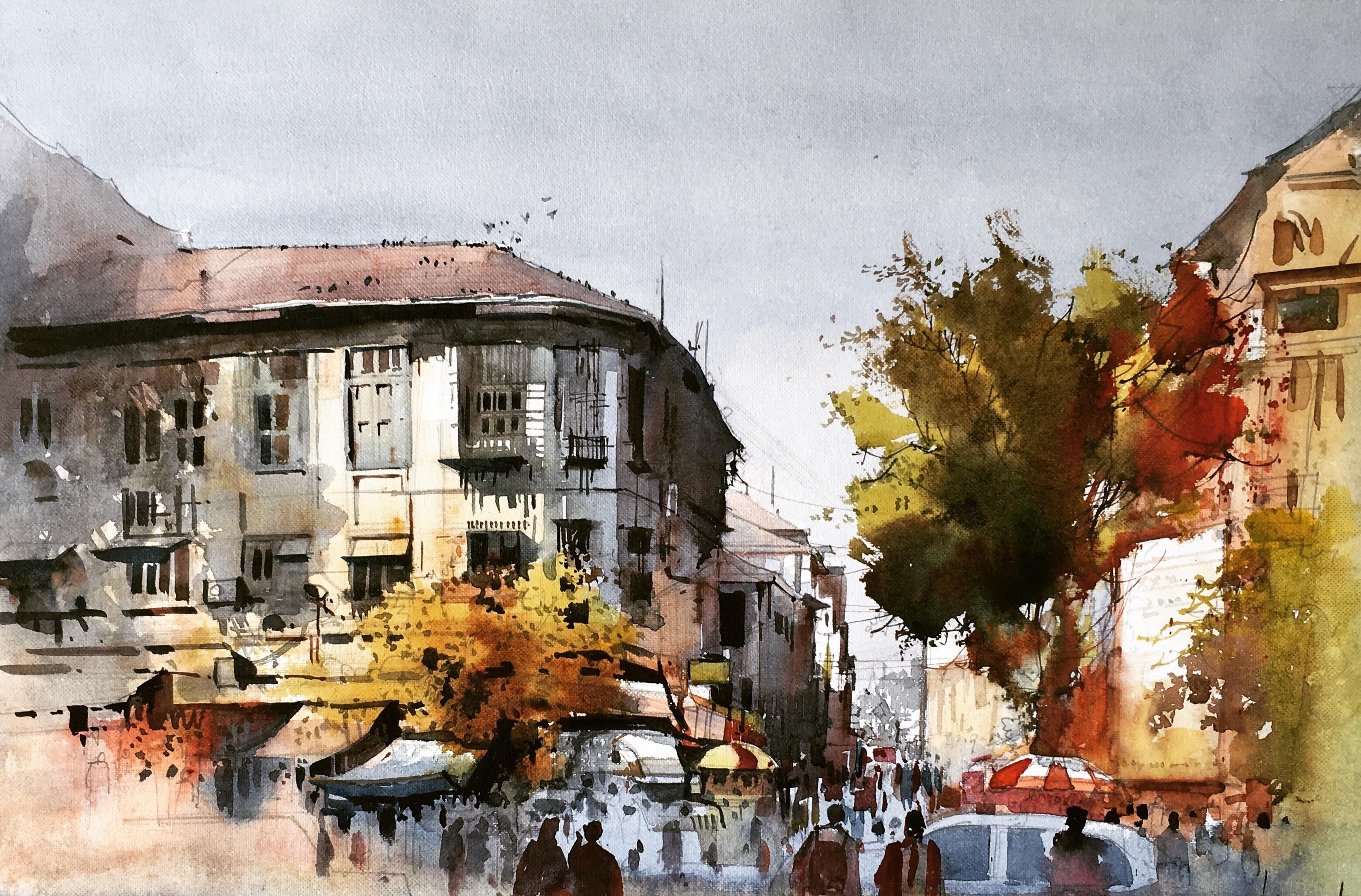 mumbai crowd, watercolor on paper size 3121x2055 artist bijay biswaal