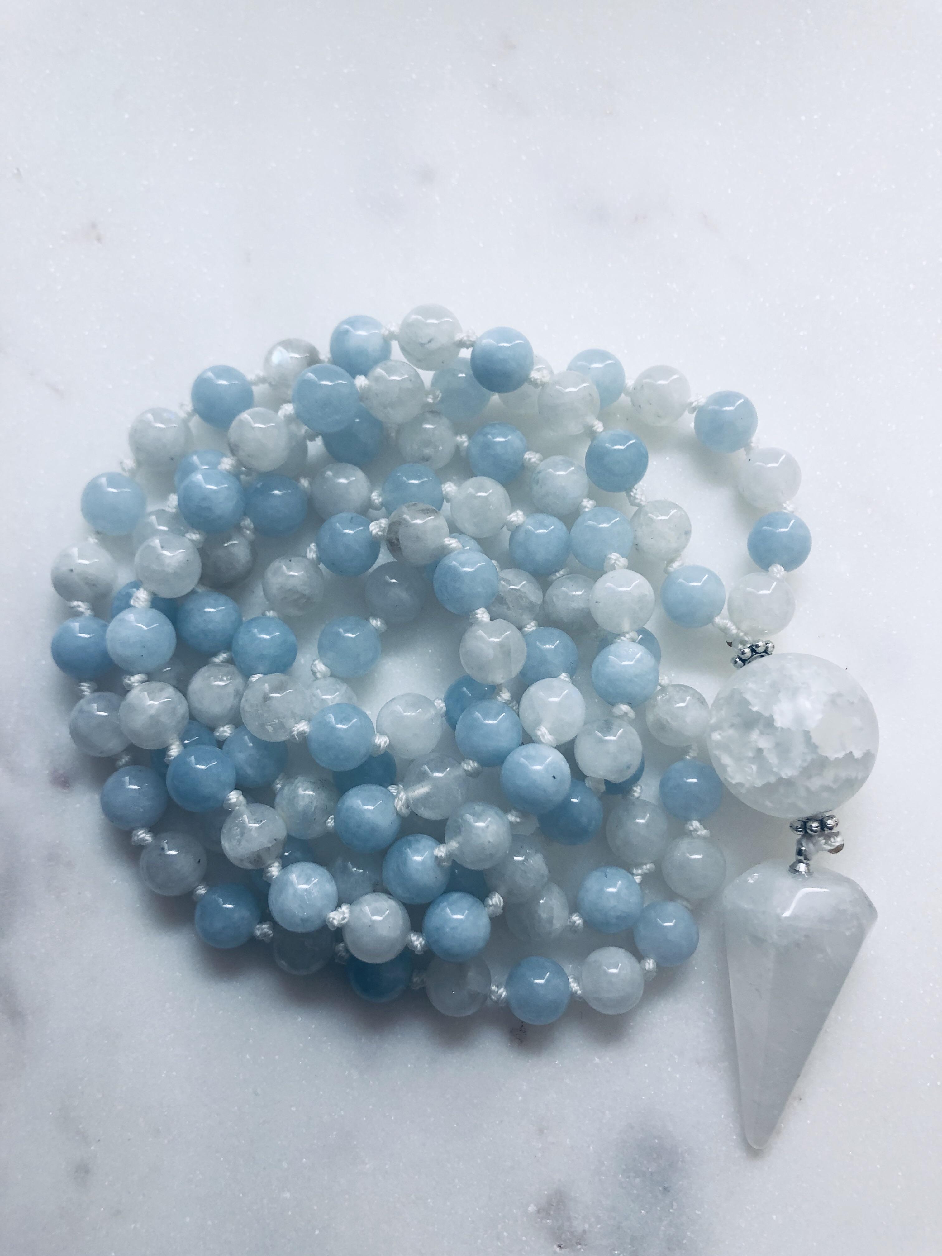 I made this traditional Moonstone and Aquamarine Mala Necklace with a