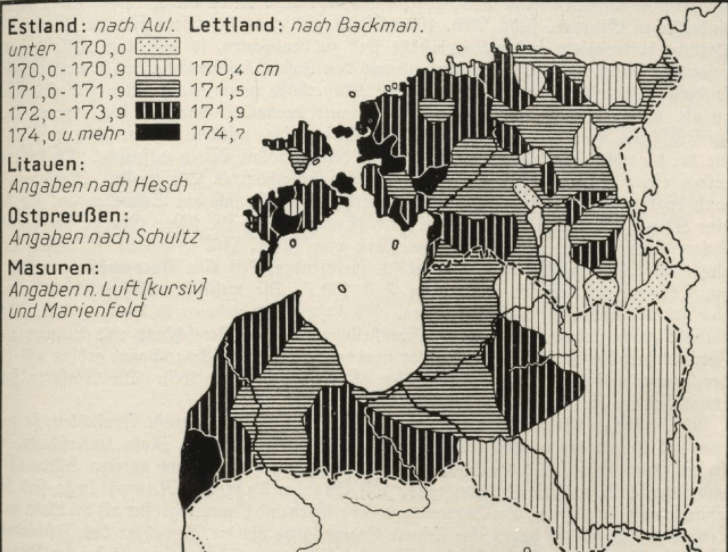 Map of the average height of people in Estonia and Latvia in the 1930s