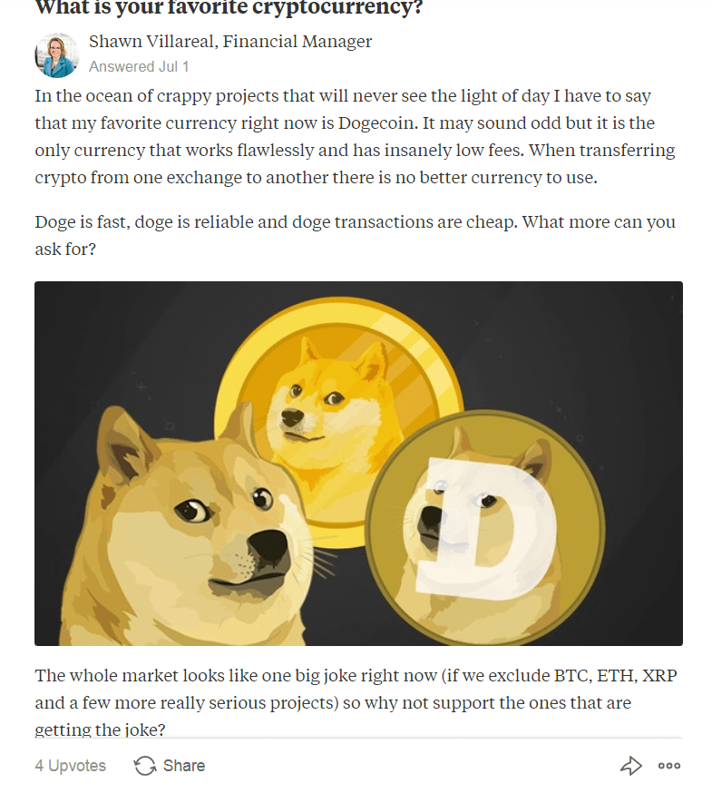 Doge now supported by financial managers on Quora... Such wow dogecoin