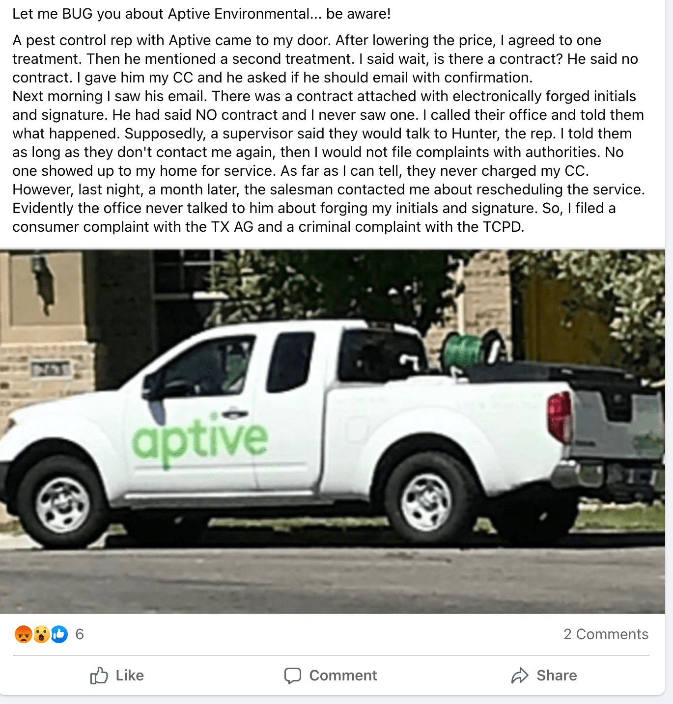 Complaints about Aptive Environmental pest control company