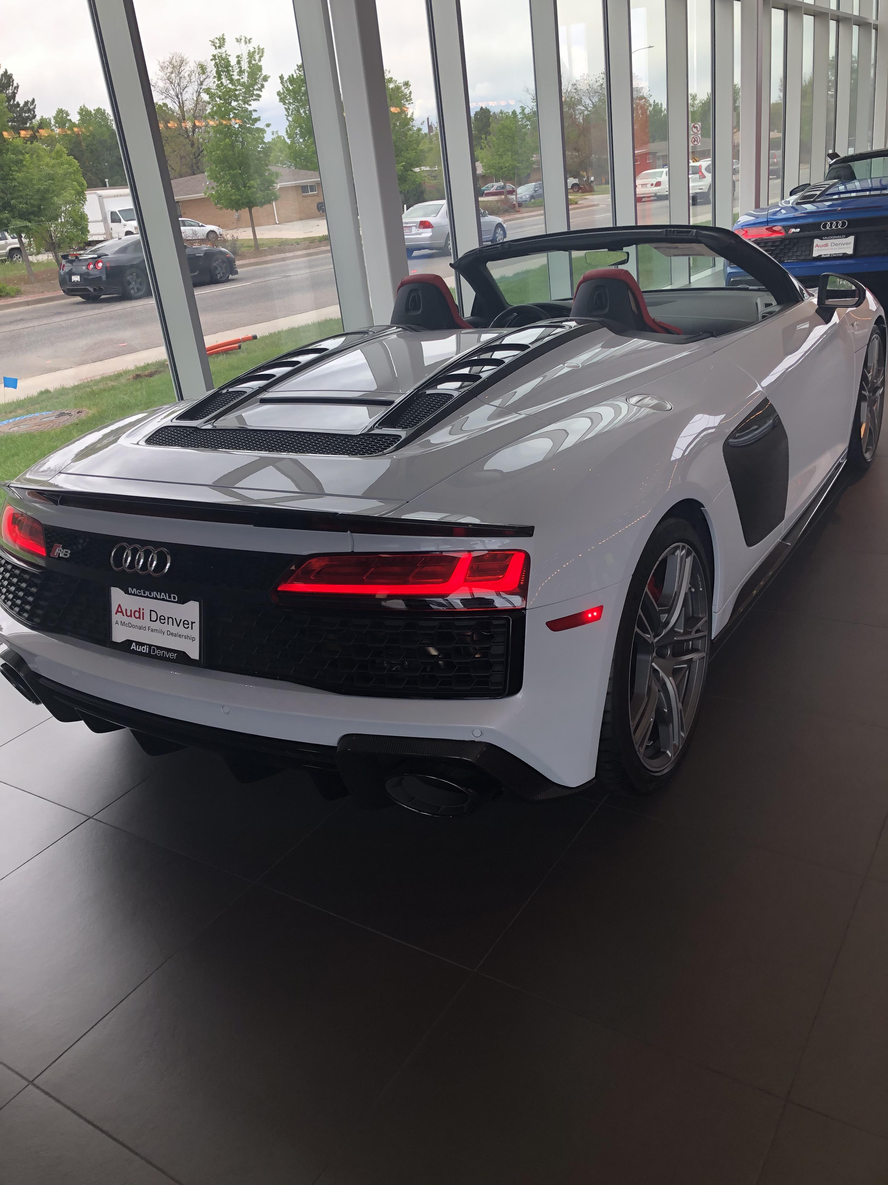 One of three [Audi R8]’s on display at a dealership in Denver spotted