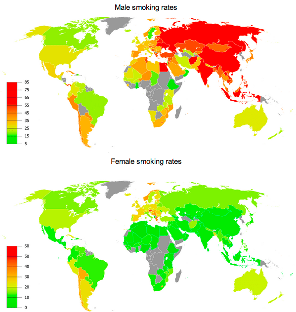 world map of smoking rates, comparing men vs women r/MapPorn