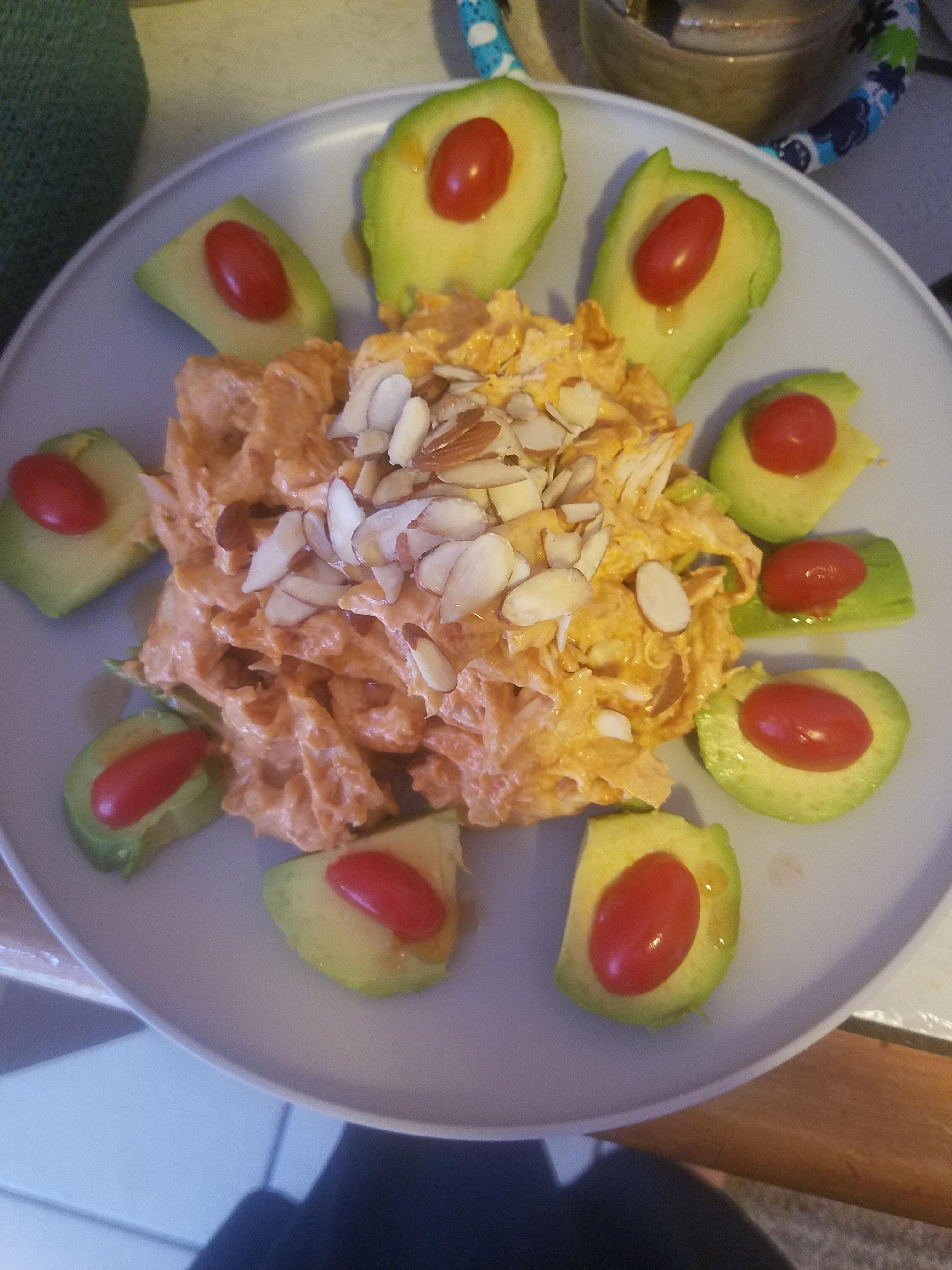 Keto coronation salad with avocado and cherry tomatoes omad 1200 cal