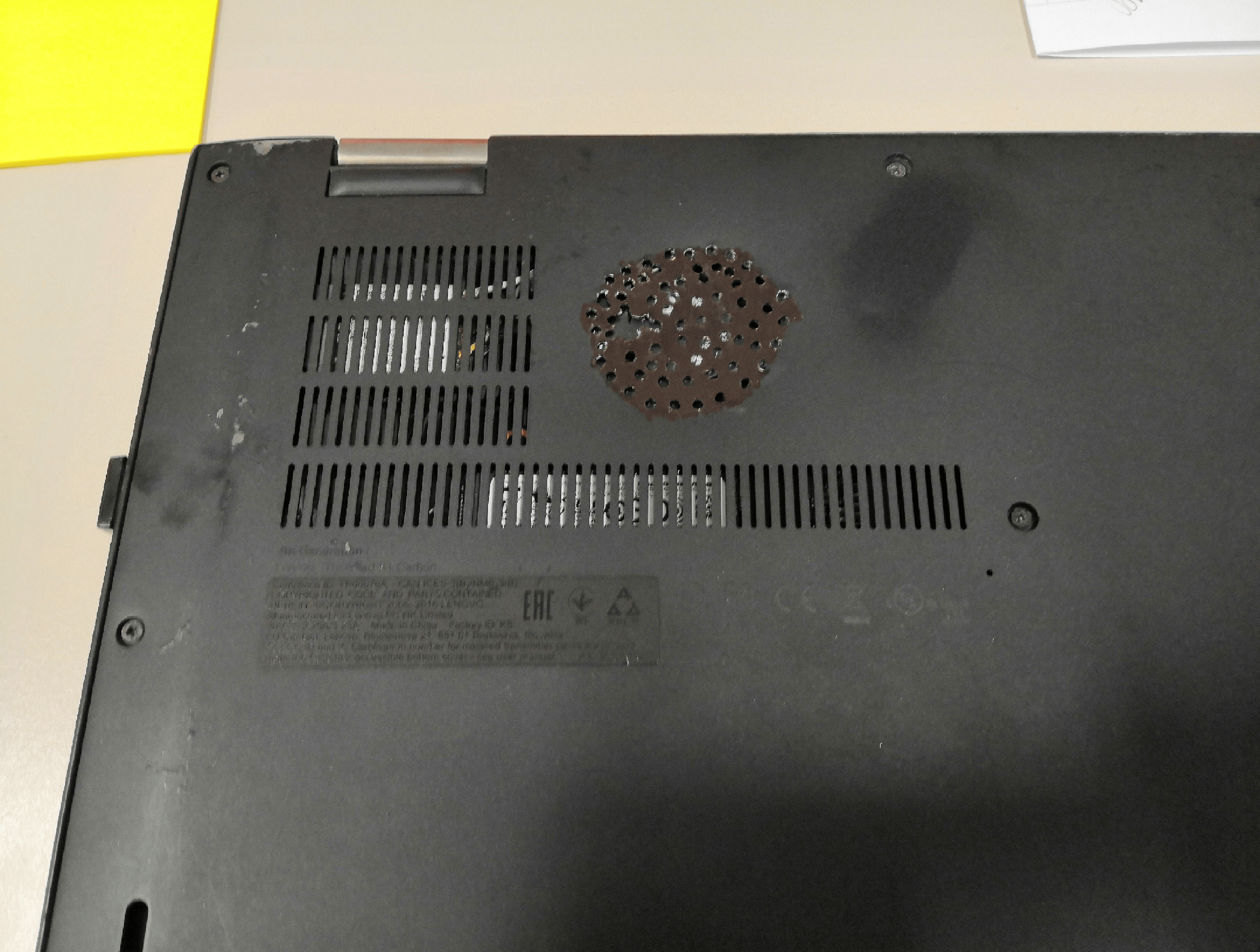 Laptop repeatedly overheated, so I drilled some ventilation holes where