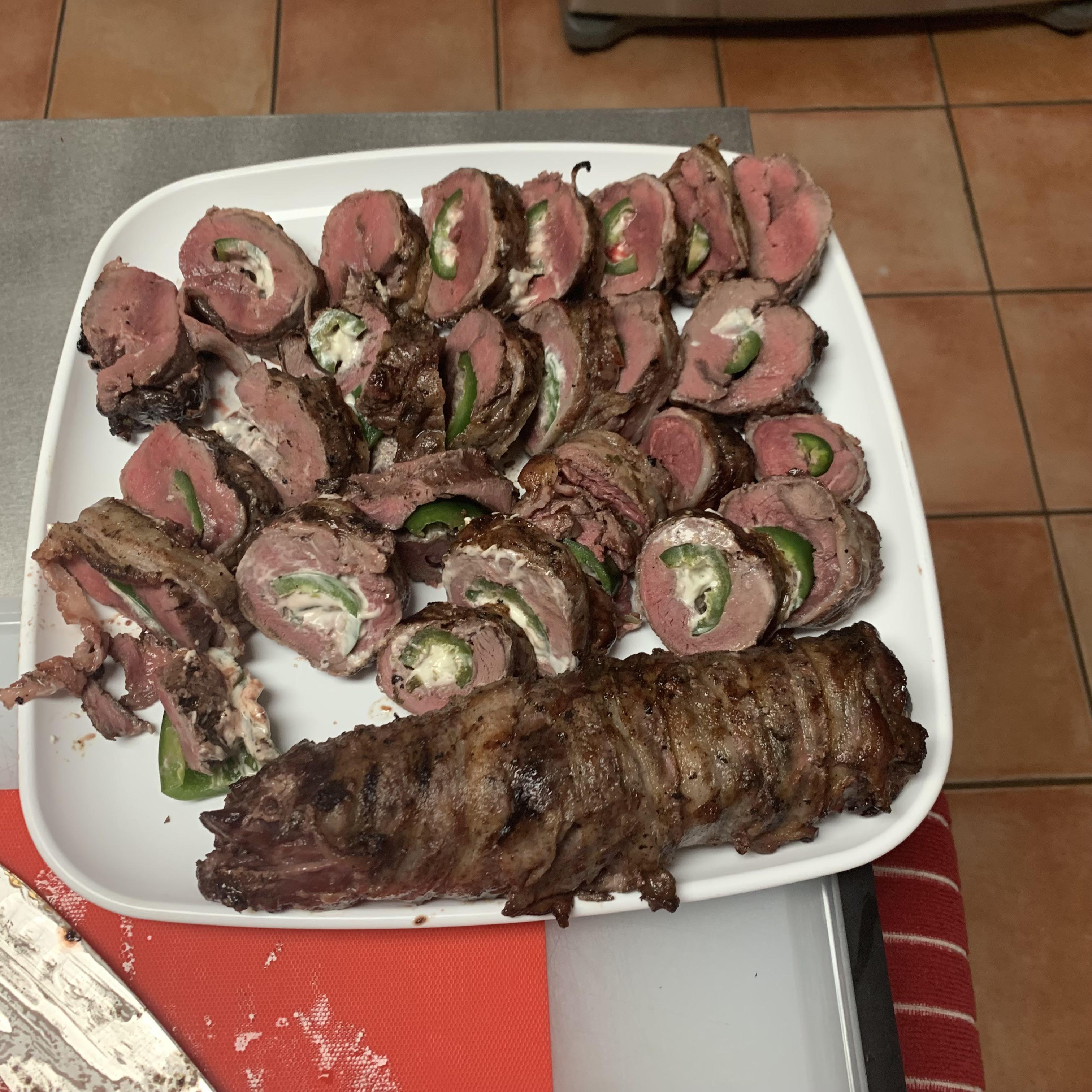Bacon wrapped, jalapeño and cream cheese stuffed, venison backstrap. No seasoning needed