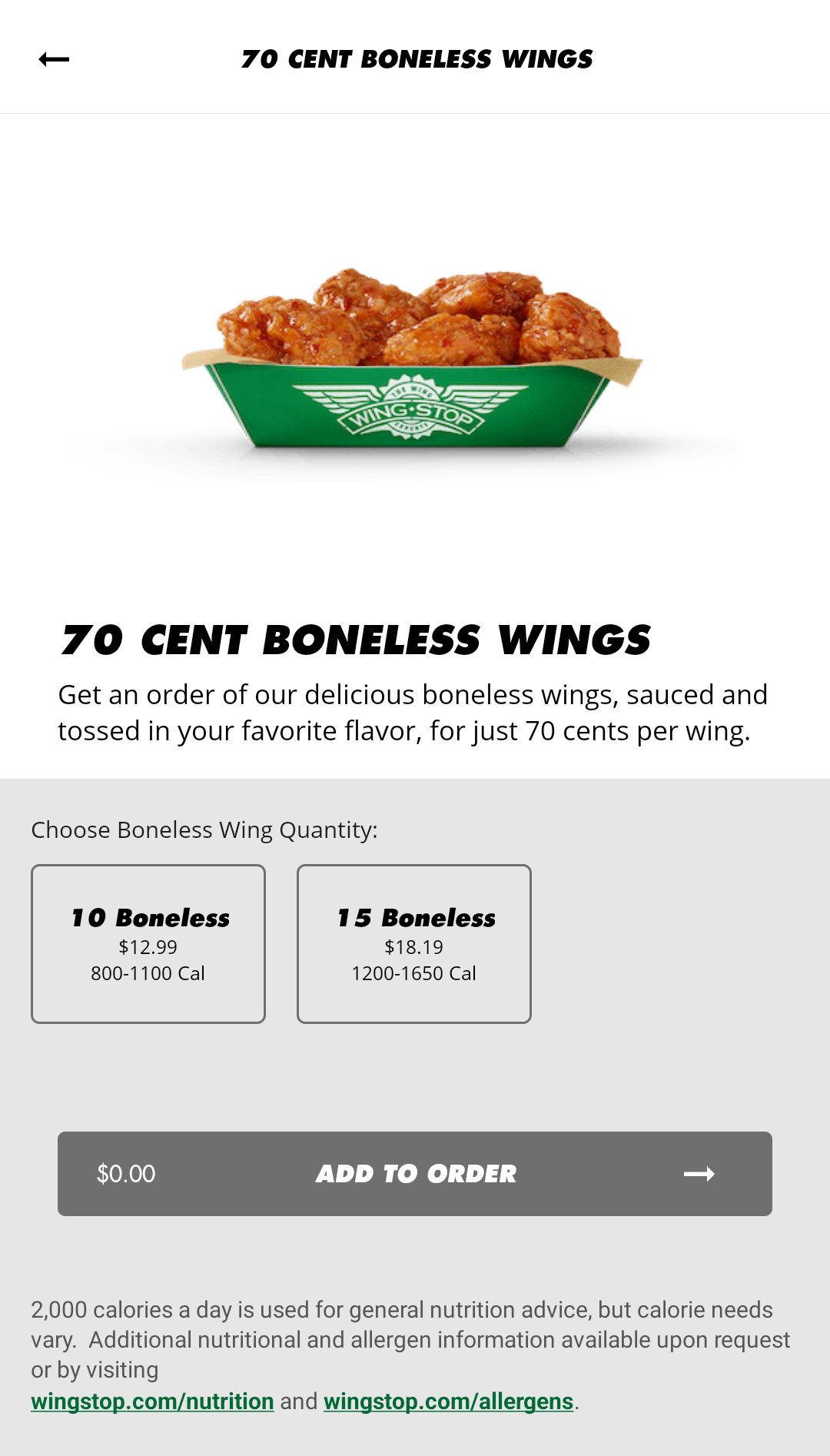Is the 70 cent boneless wings deal an instore order only? My app isn't