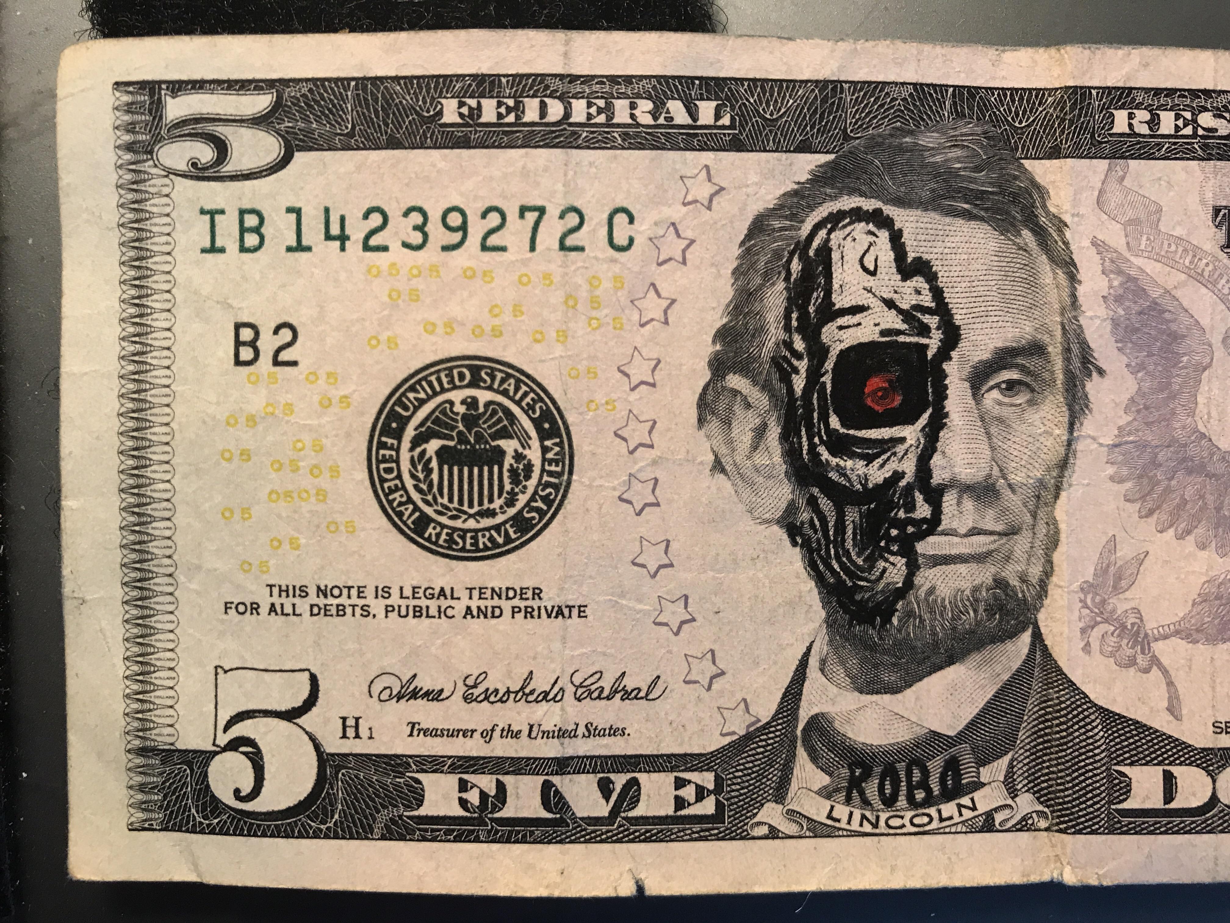 This RobaLincoln 5US bill I got for change mildlyinteresting