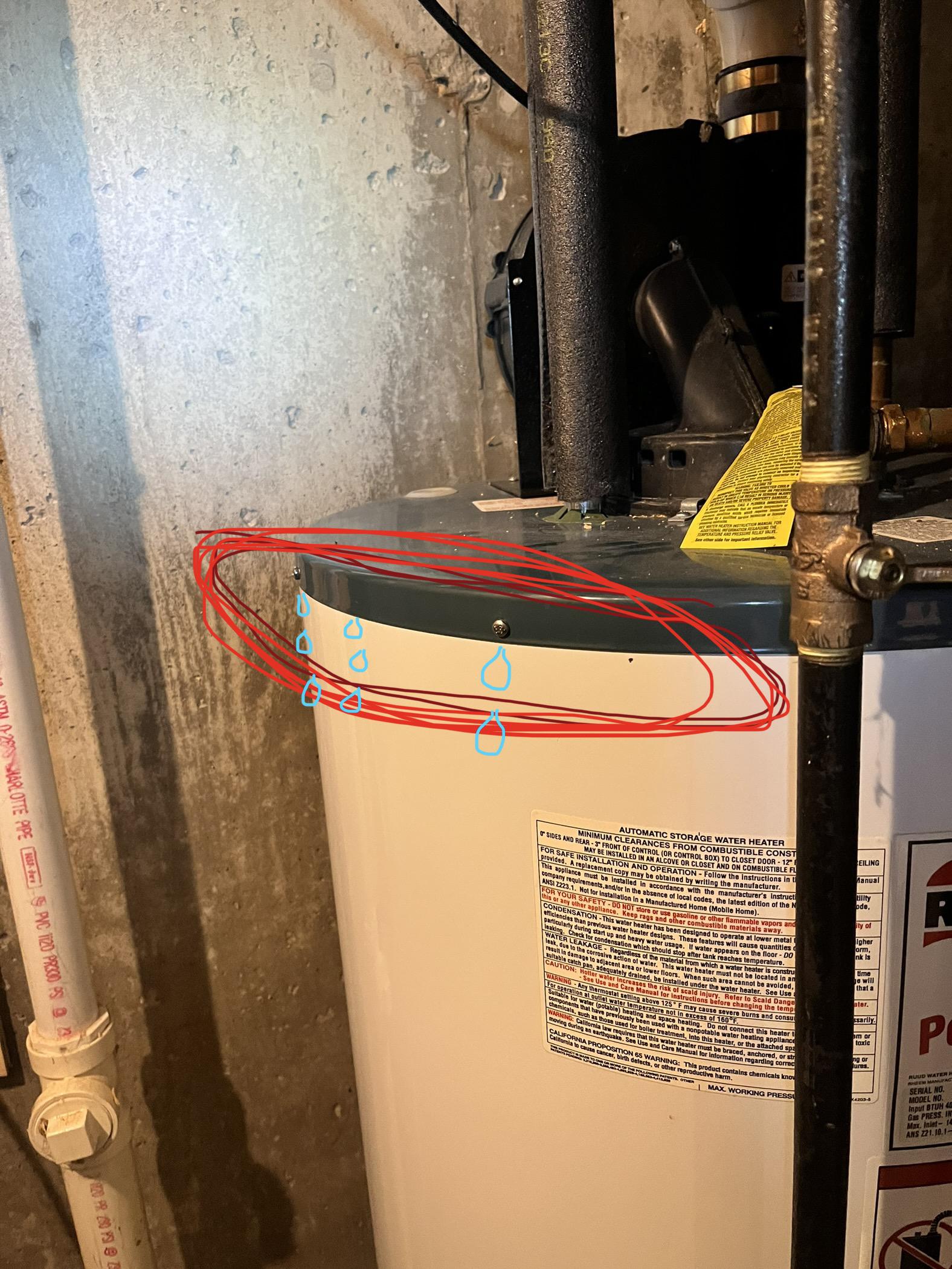Water heater leaking near edges of lid/top. PRV working and releasing