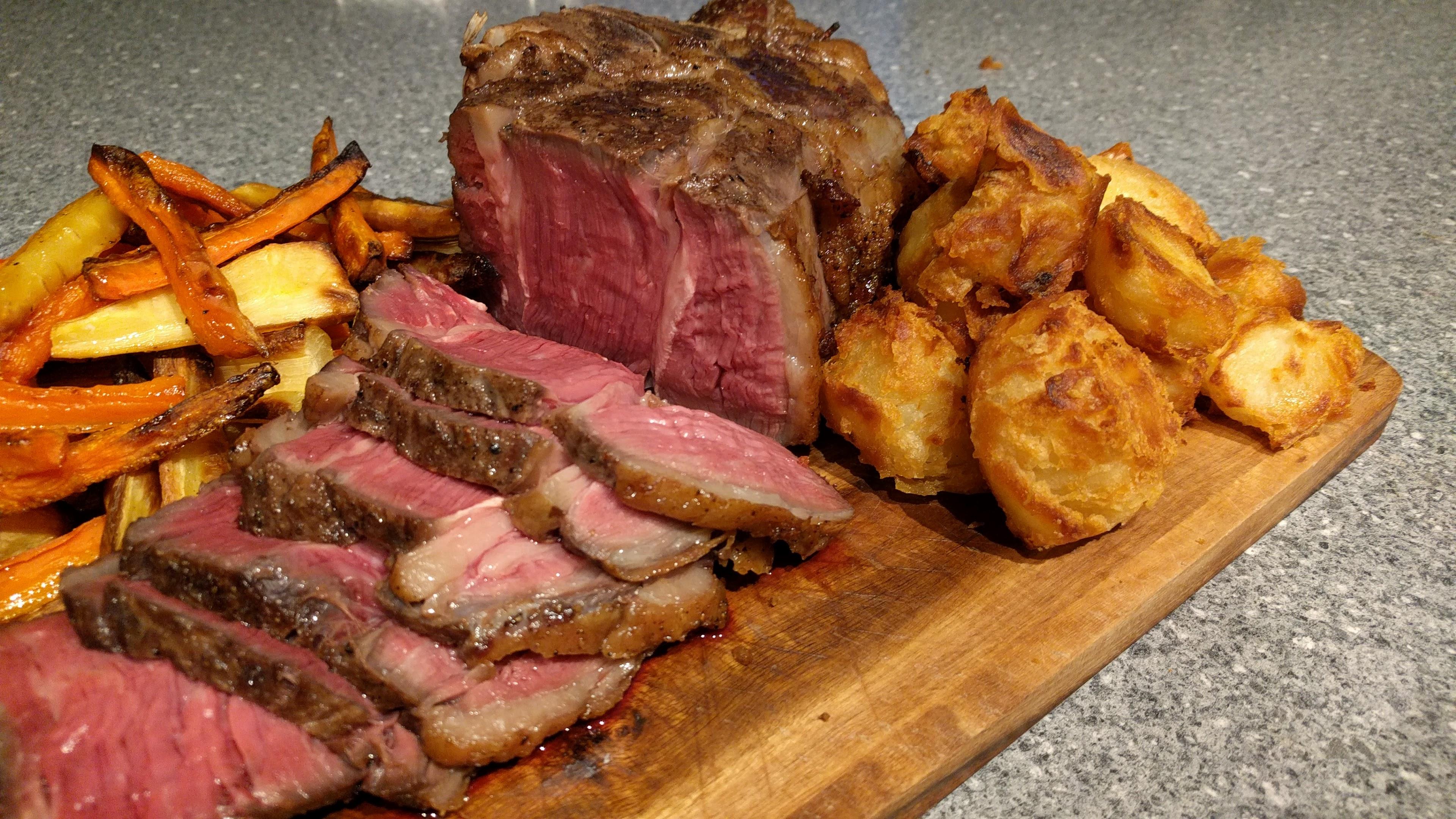 [homemade] roast rib of beef with roast potatoes, carrots & parsnips