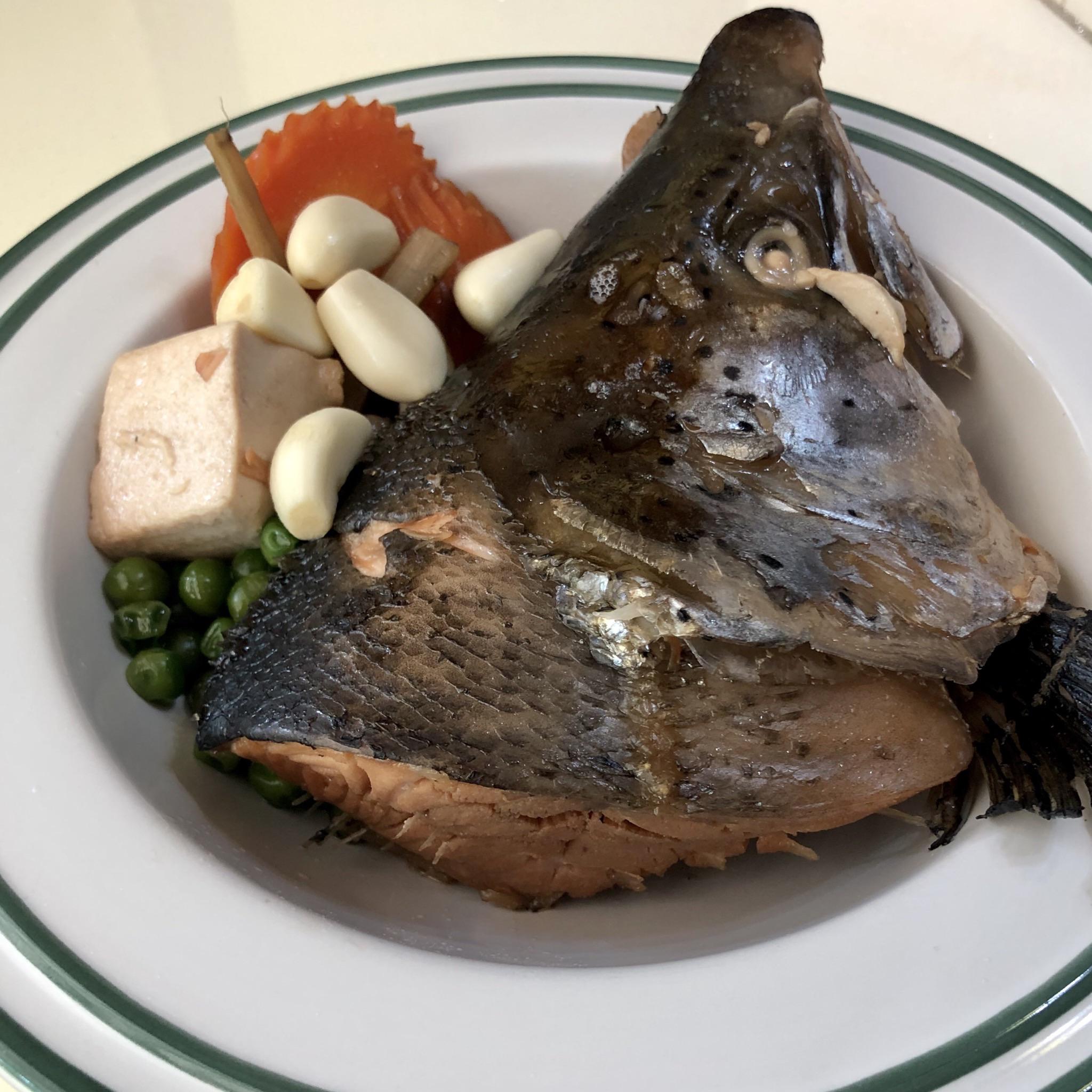 Salmon Kabutoni (stewed salmon head) in a sweet soy sauce broth with super soft shiitake