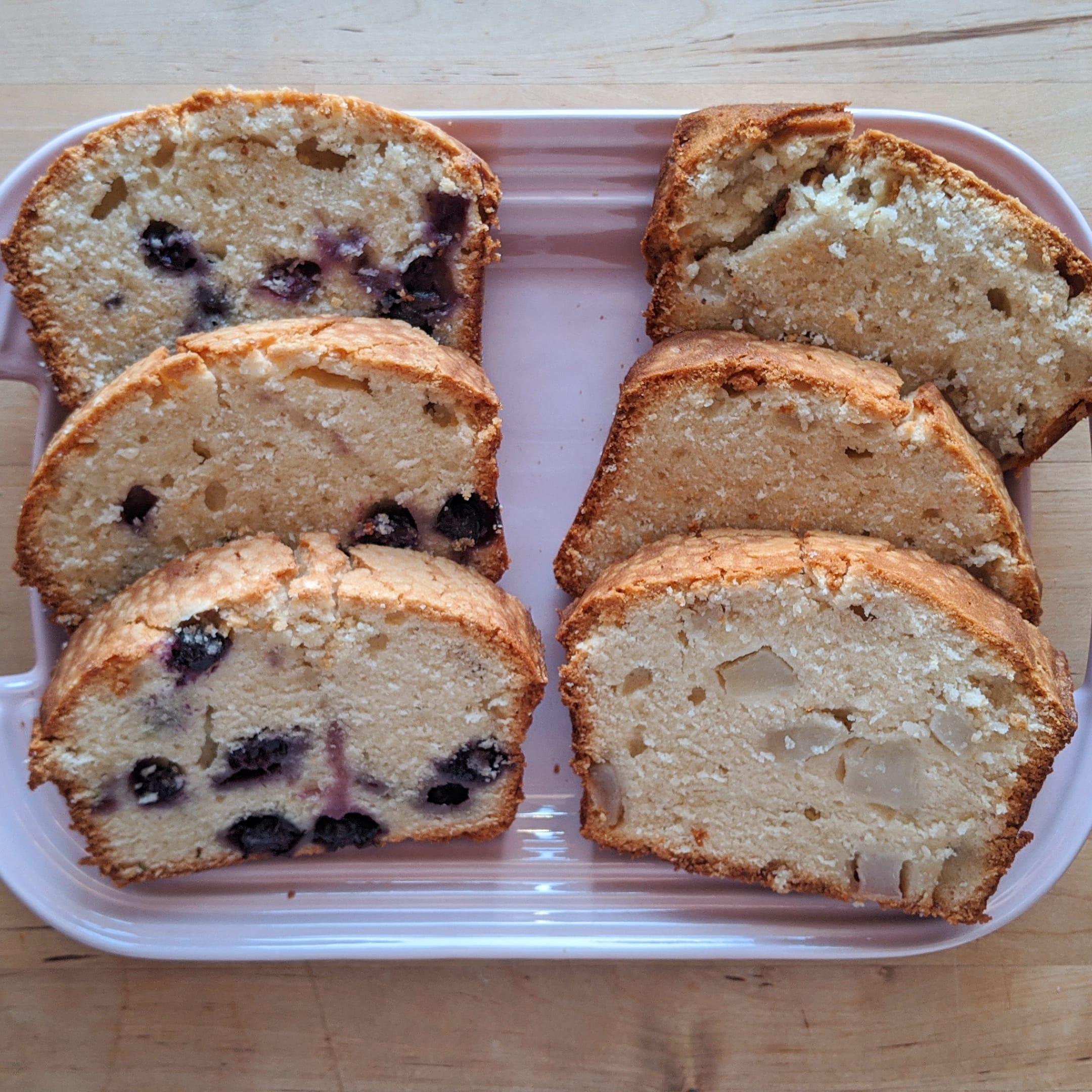 Blueberry Rosemary Pound Cake on the left and Vanilla Pear Pound Cake