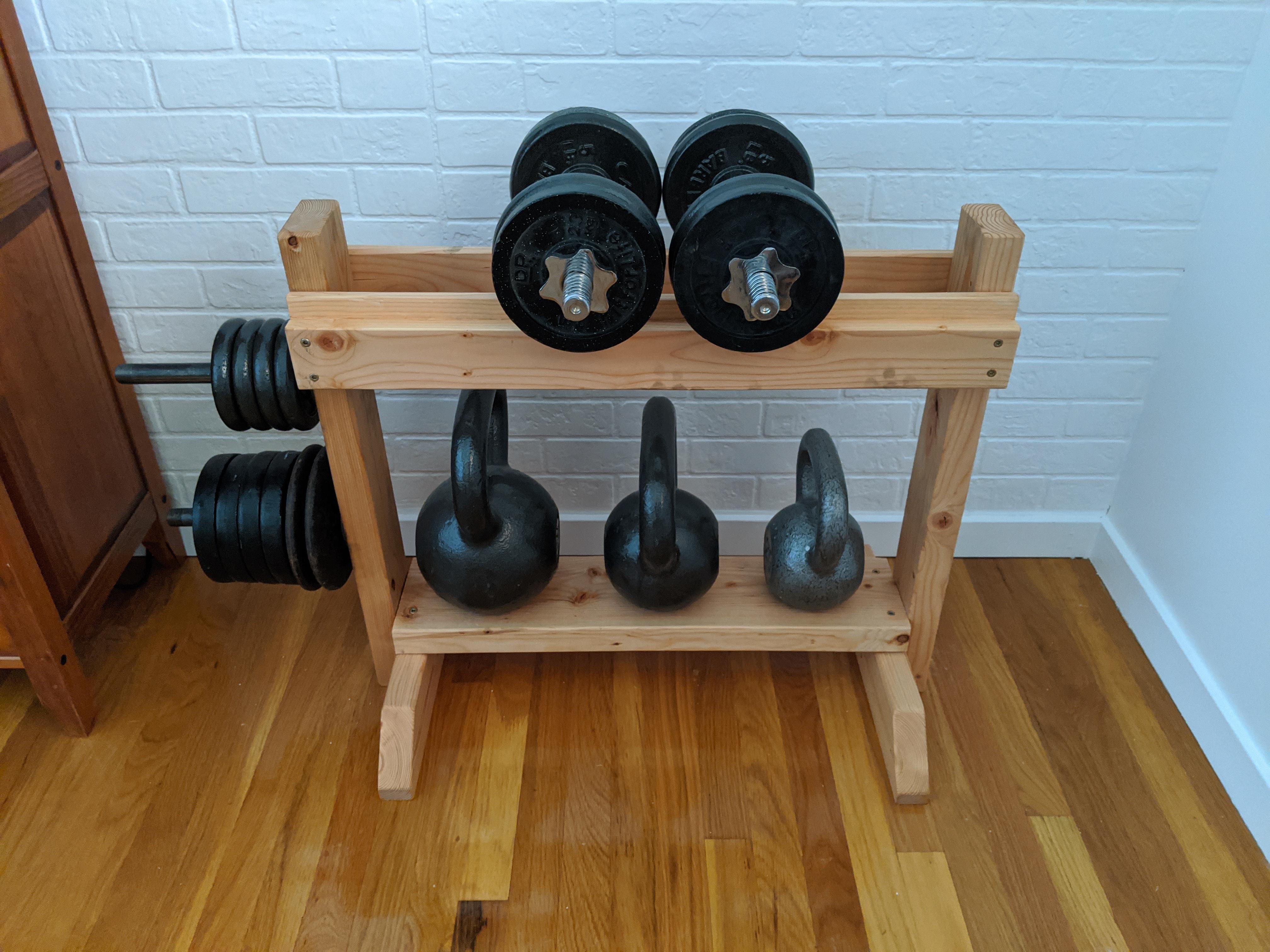 I made a little weight rack for our exercise room. It was a fun