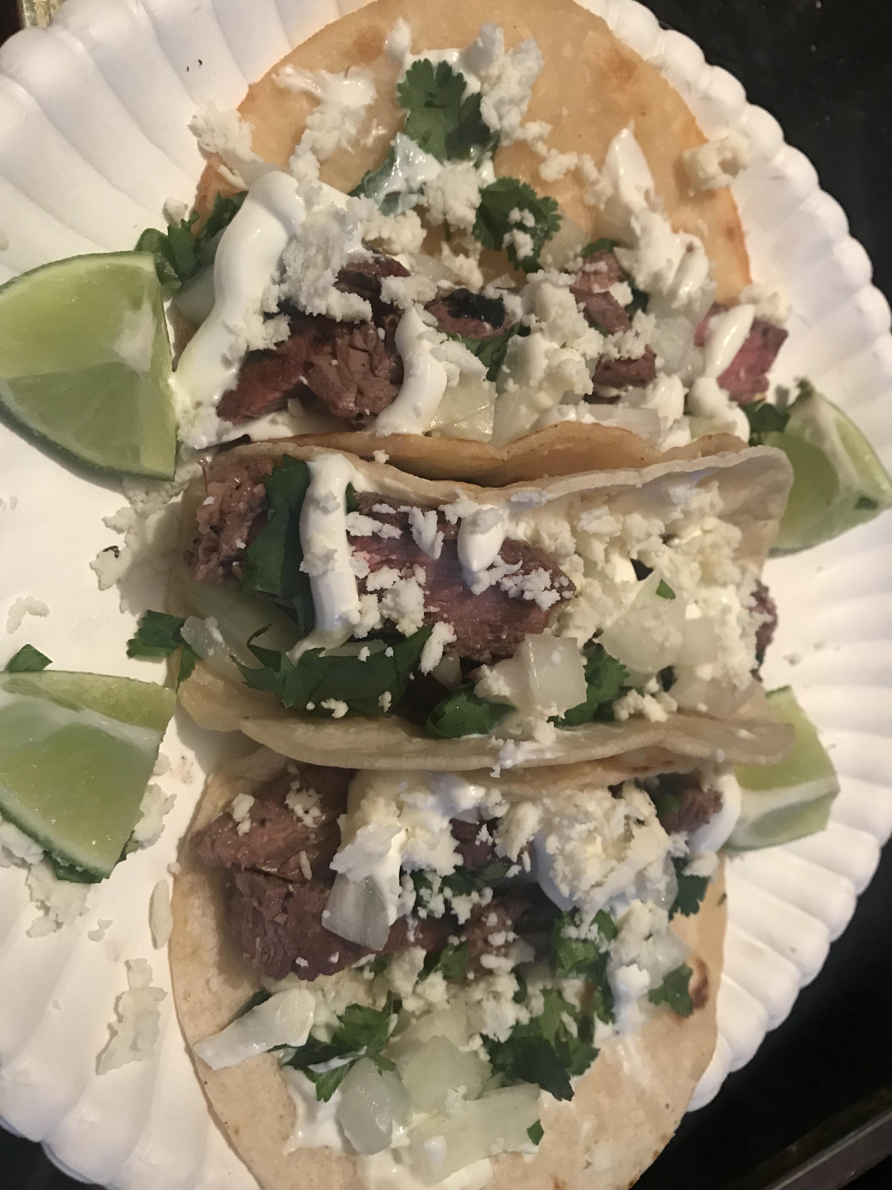 [Homemade] Grilled Steak Tacos with lime, cilantro, onions, sour cream