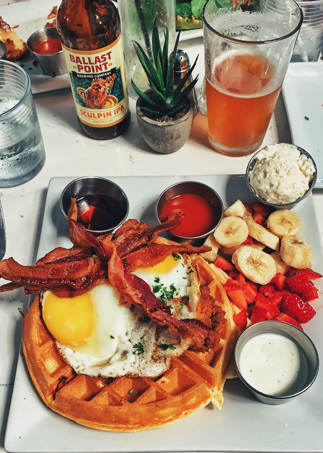 Bru’s Wiffle Belgian waffle, fried chicken, eggs, bacon, fruit