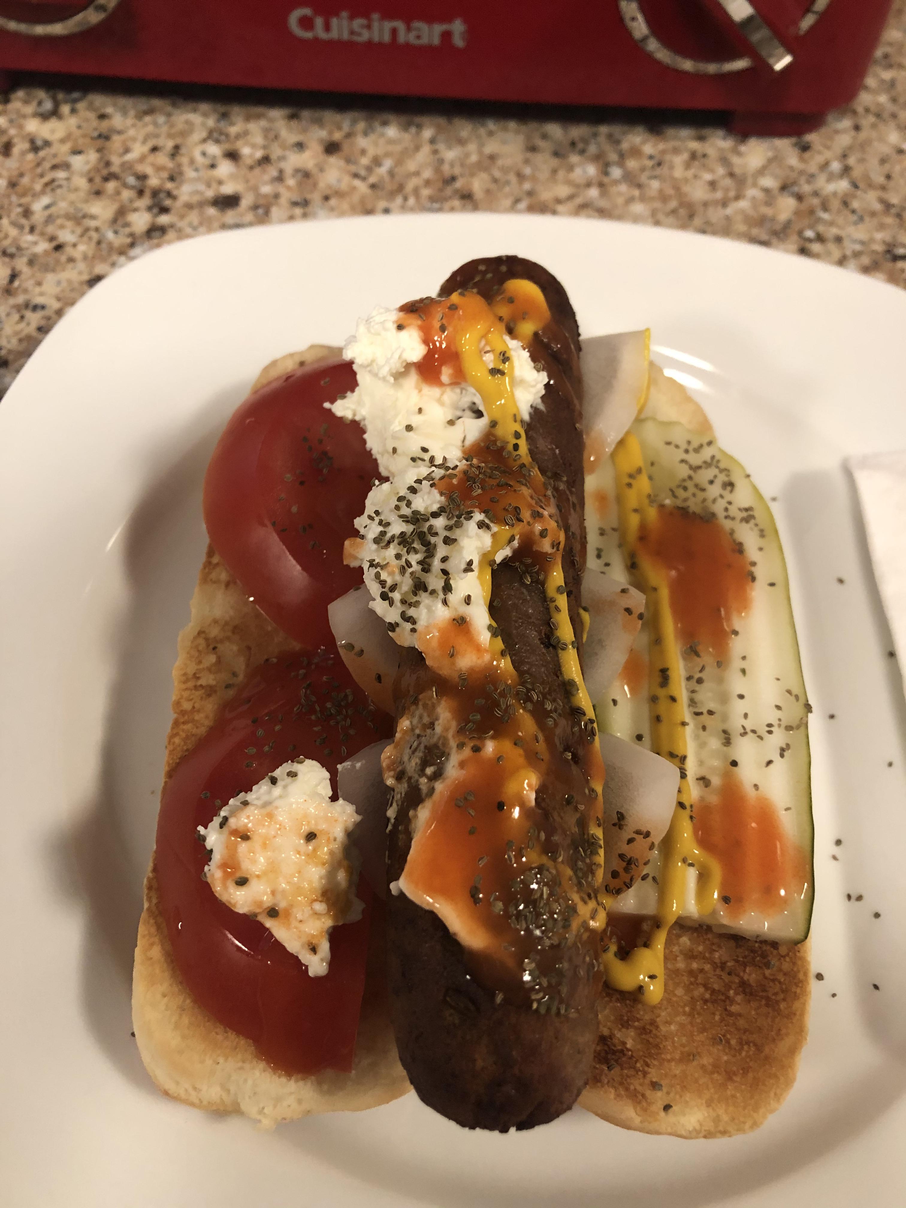 Combined Chicago and Seattle style with the eggplant sausage from